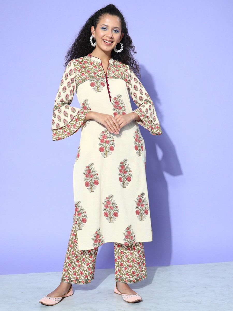 All About You Cream-Coloured Floral Printed Pure Cotton Kurta With Trousers