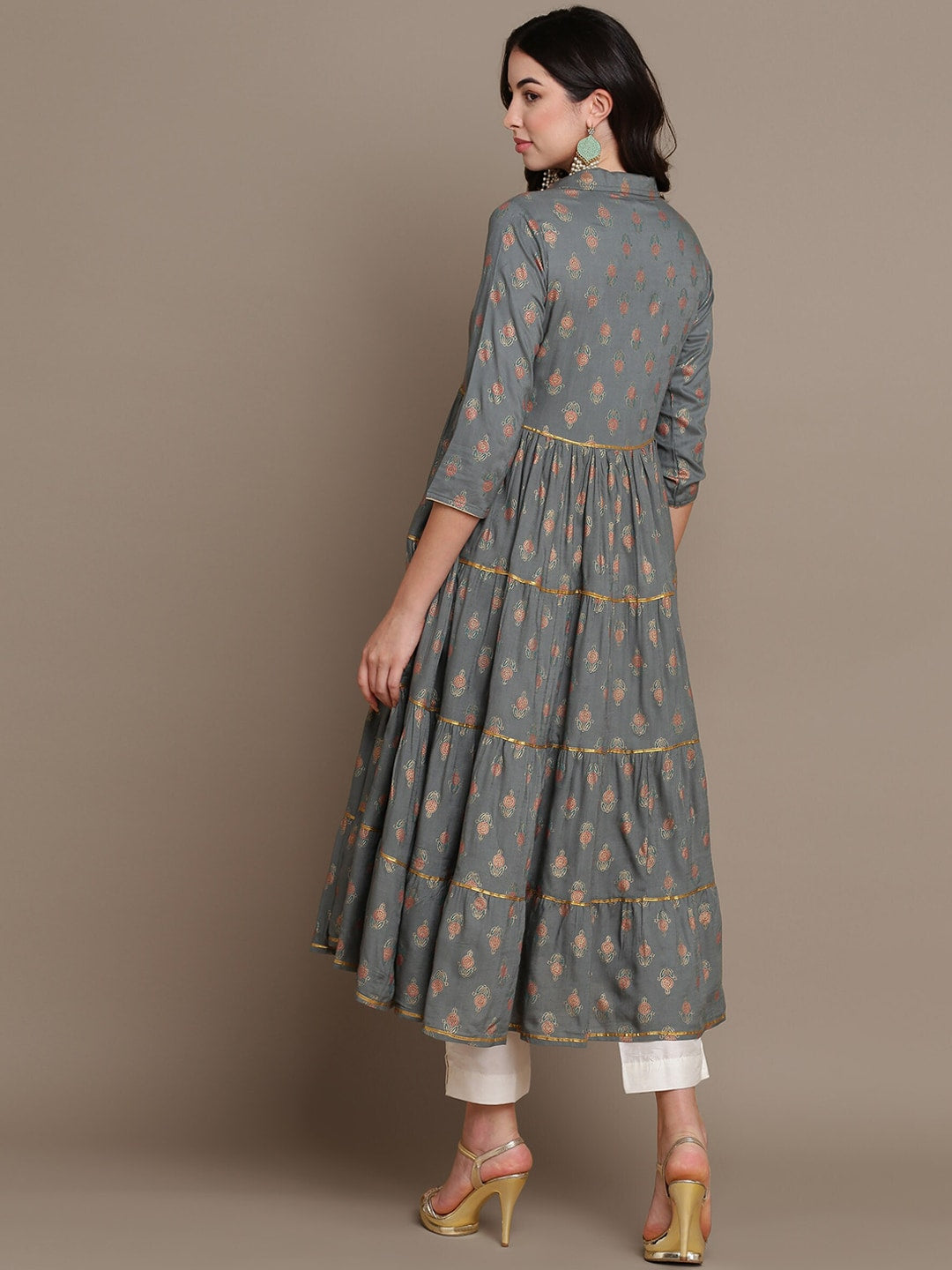 HERE&NOW Ethnic Motifs Printed Shirt Collar Tiered Pure Cotton A-Line Kurta