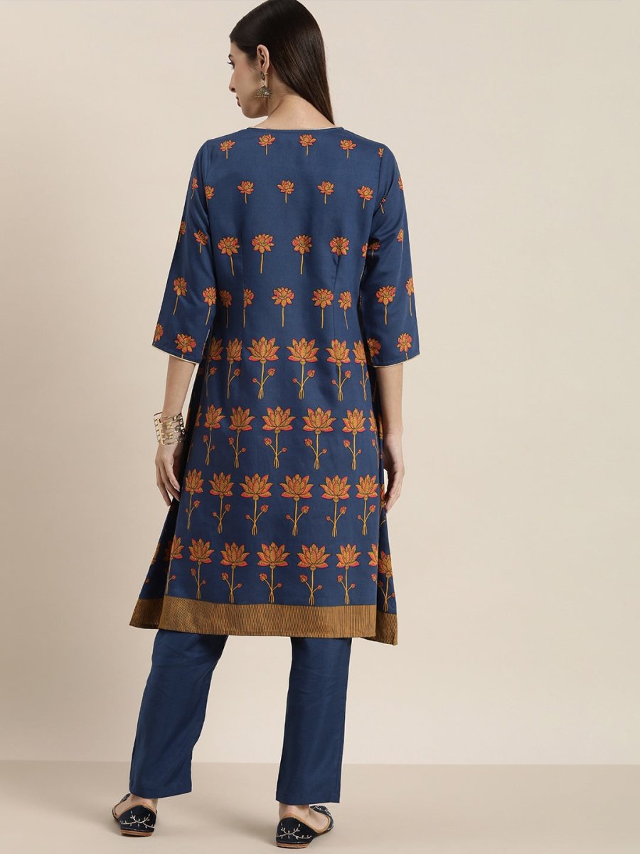 All About You Women Blue Floral Printed Angrakha Kurta with Trousers