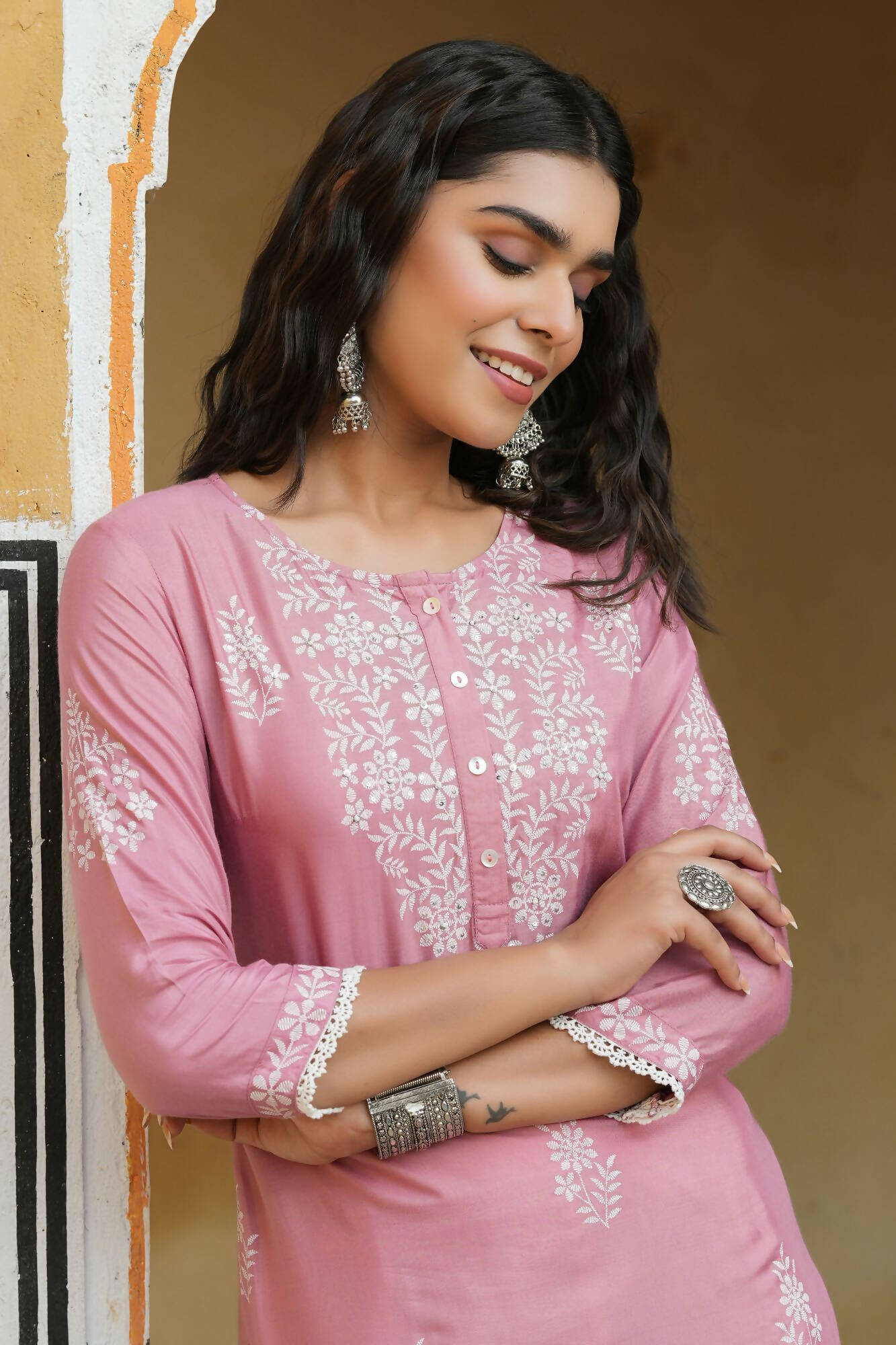 Juniper Women's Onionpink Shantoon Printed Straight Kurta