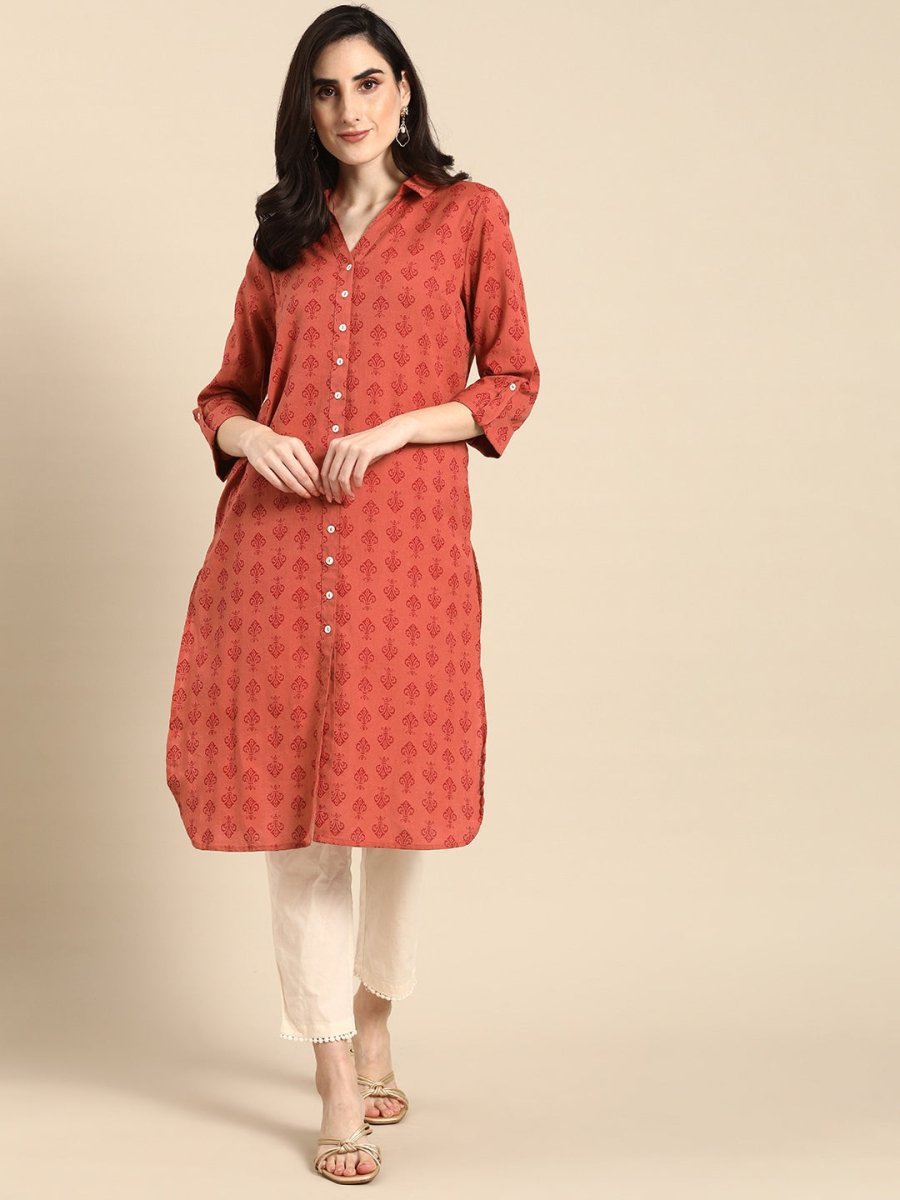 All About You Women Red Cotton Ethnic Motifs Printed Pathani Kurta