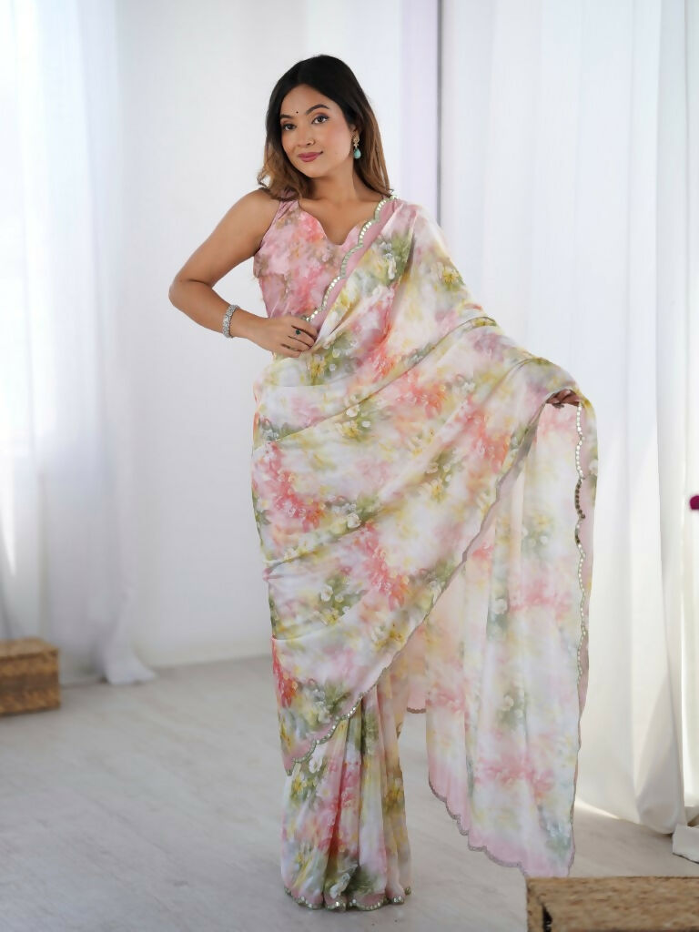 Pink Chinon Designer Digital Printed,Mirror Cut Work Saree - Elayna
