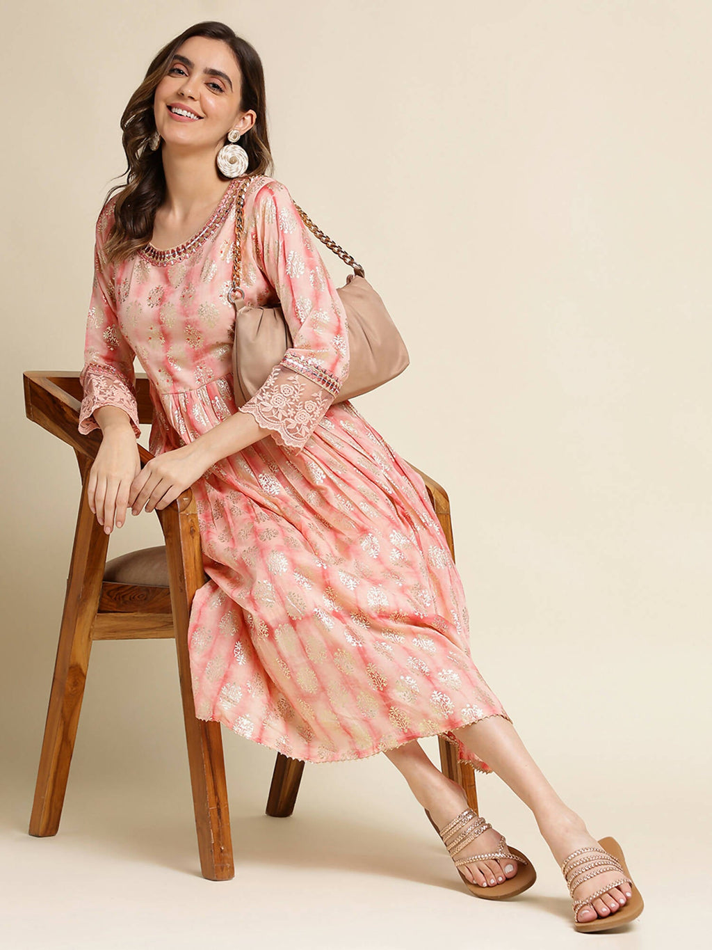 Peach Cotton Paisley Printed Fit & Flare Dress - Yukti