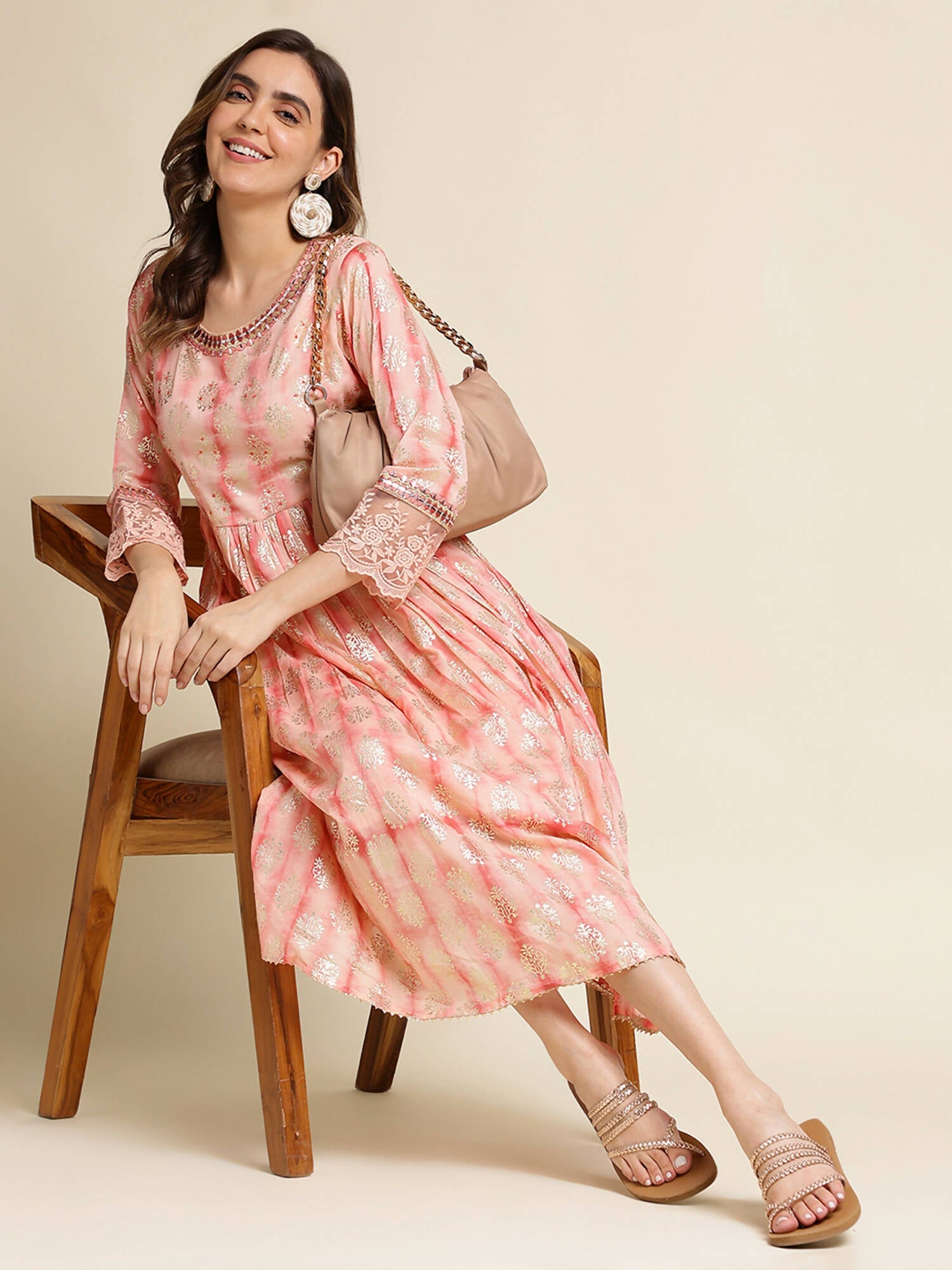 Peach Cotton Paisley Printed Fit & Flare Dress - Yukti