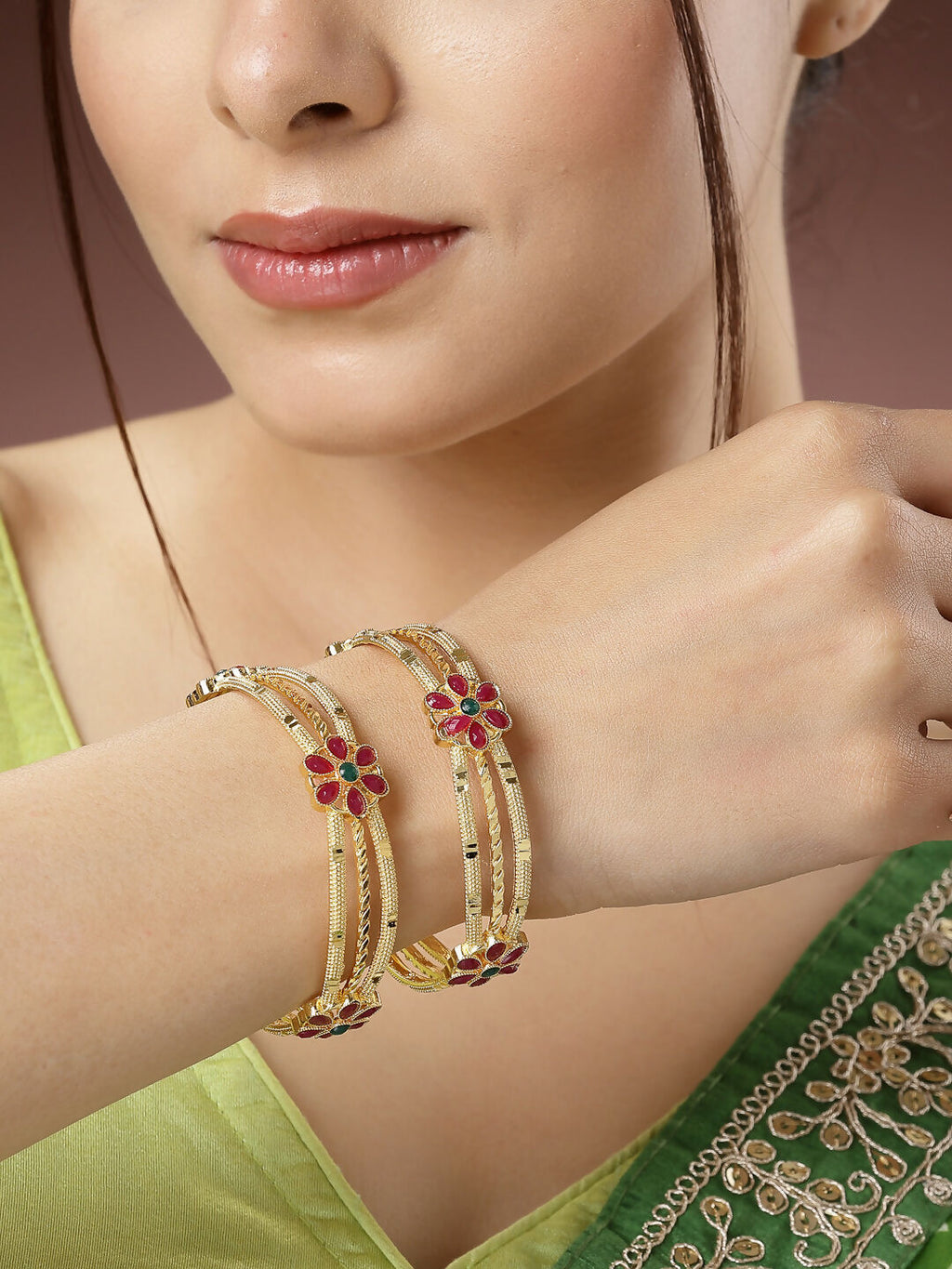 NVR Women's Set of 2 Gold-Polished Artificial Stones Handcrafted Traditional Bangles