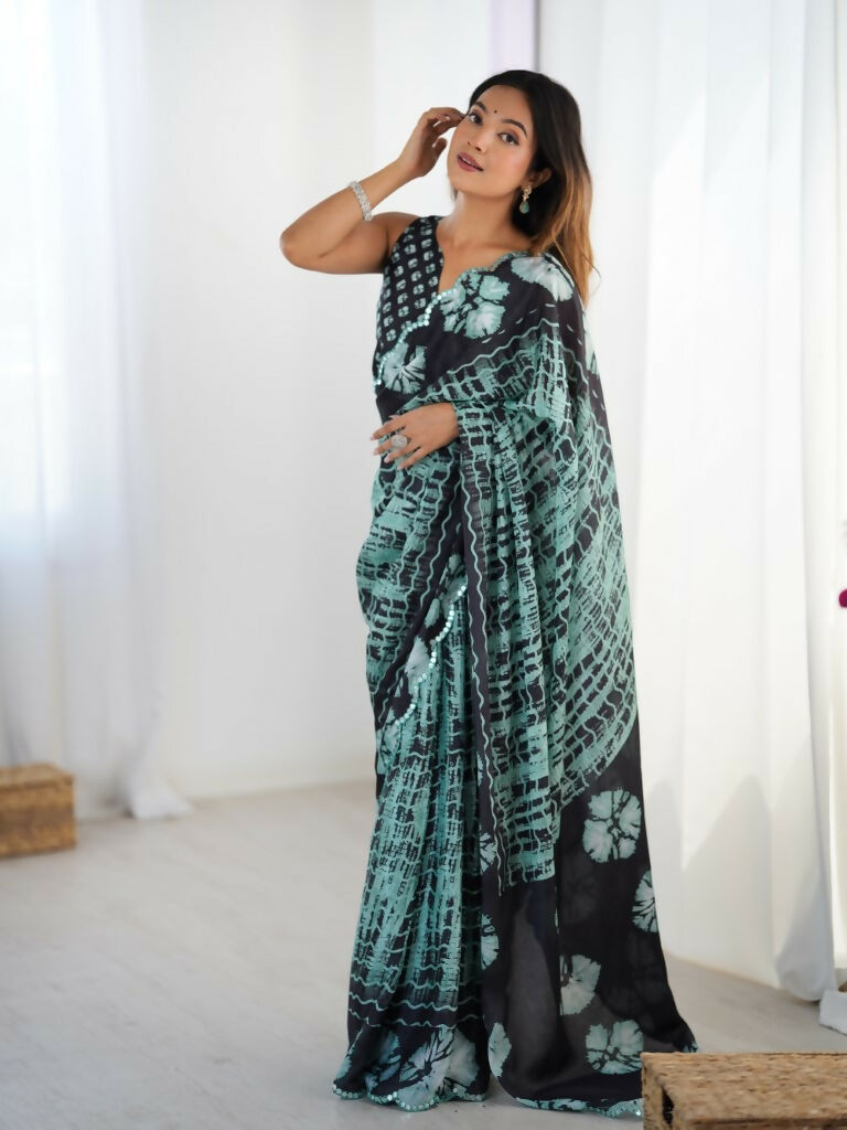 Black Chinon Designer Digital Printed,Mirror Cut Work Saree - Sohni