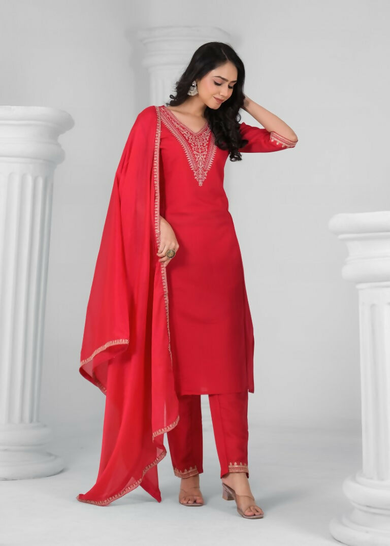 Ethnic Festive Wear Chanderi Viscose Red Stitched Suit With Dupatta - Tanisha