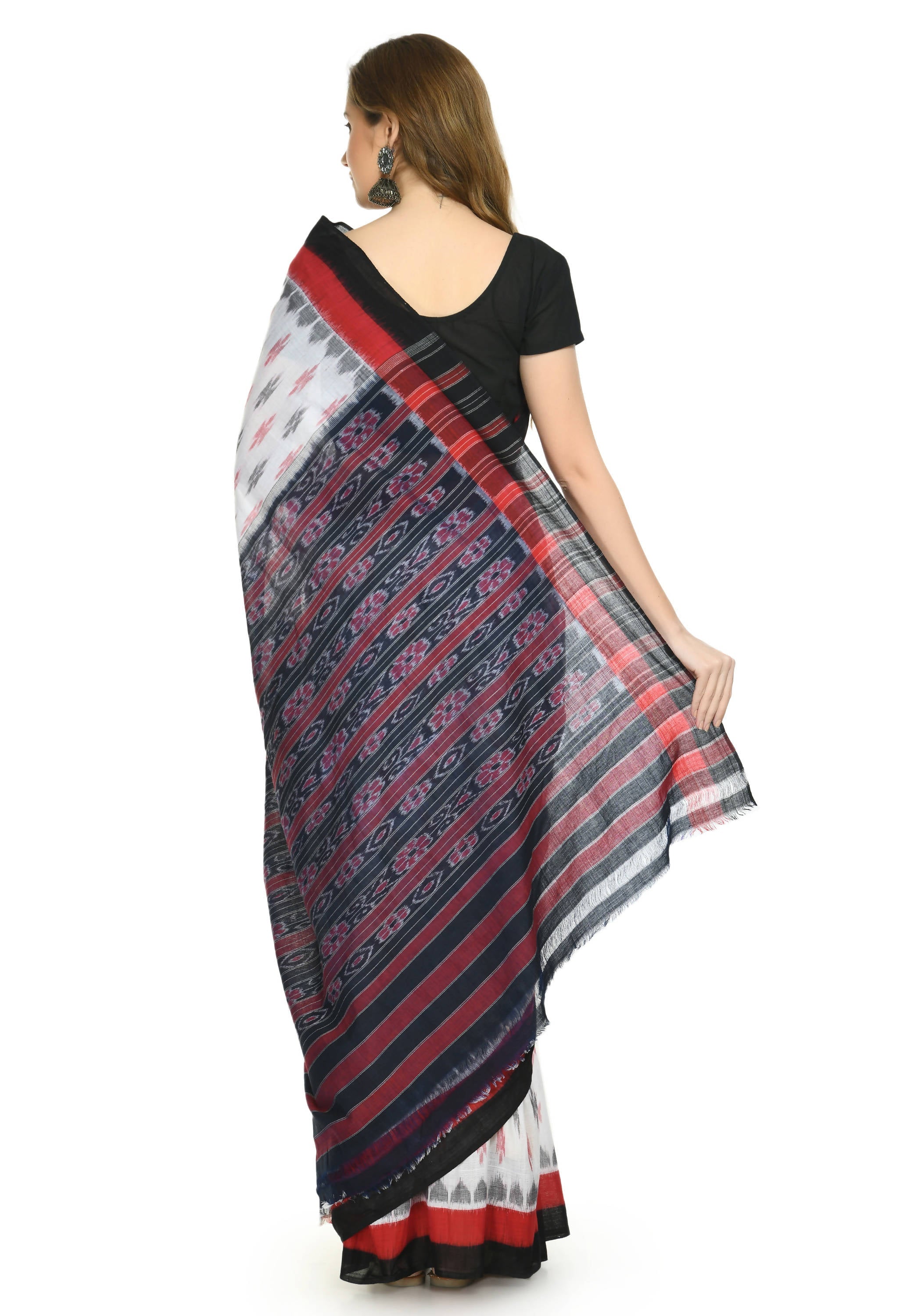 Vamika Sambalpuri Ikat Cotton Dehabandha White, Red & Black Saree