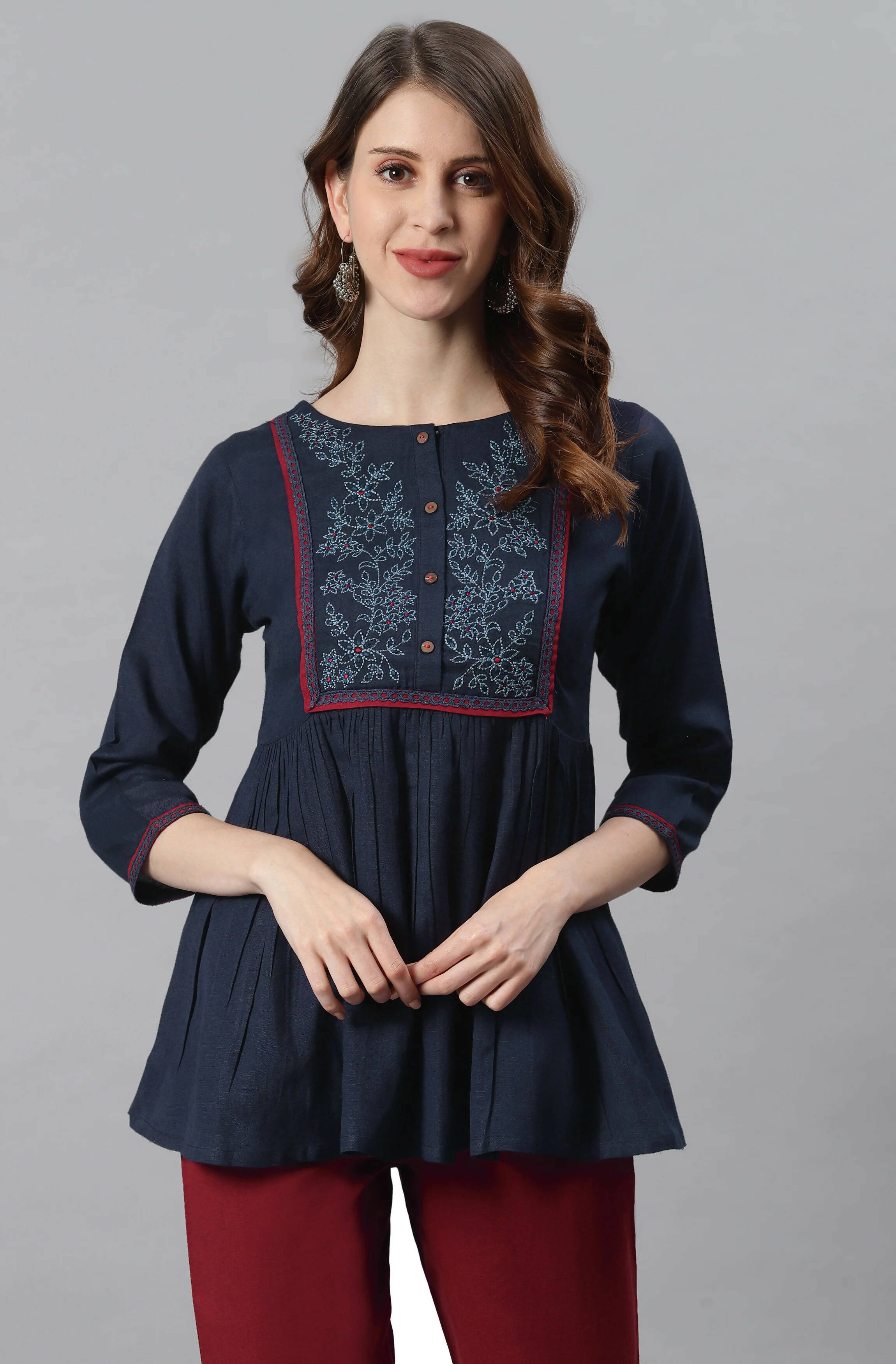 Janasya Women's Navy Blue Cotton Flex Embroidered Gathered Top