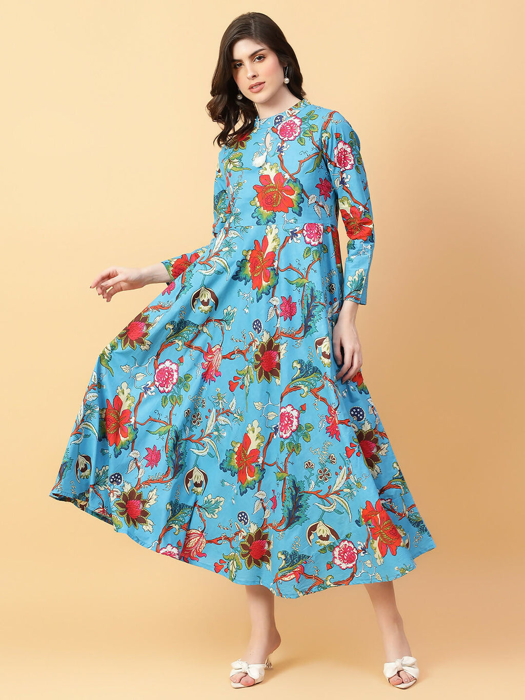 Joban Fashion Turquise Blue Cotton Printed & Hand Work Dress