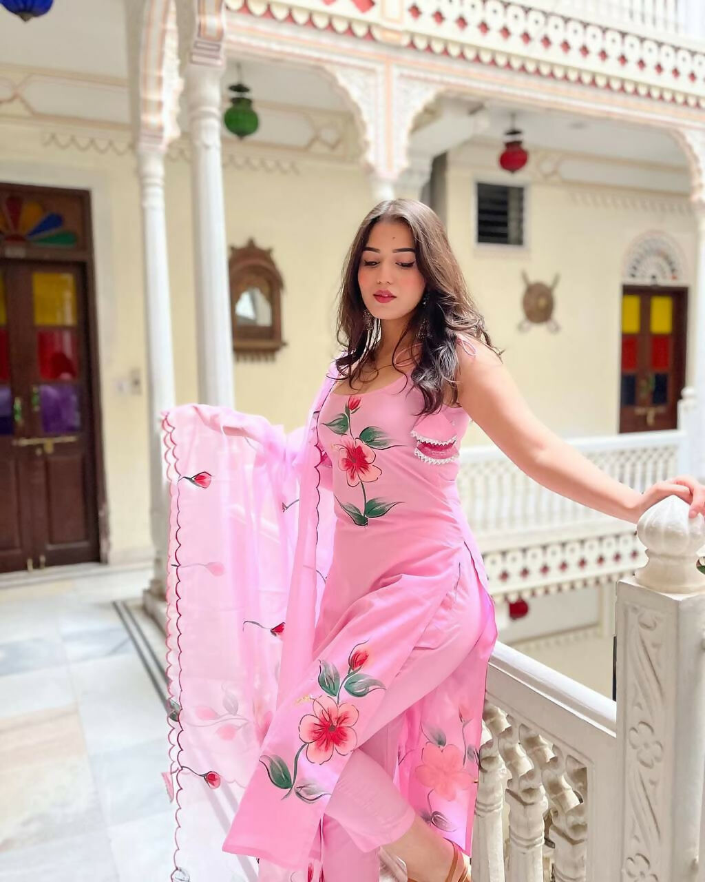 The52 Pink Women's Gorgeous Printed Viscose Fabric Straight Kurta Pant with Dupatta Set