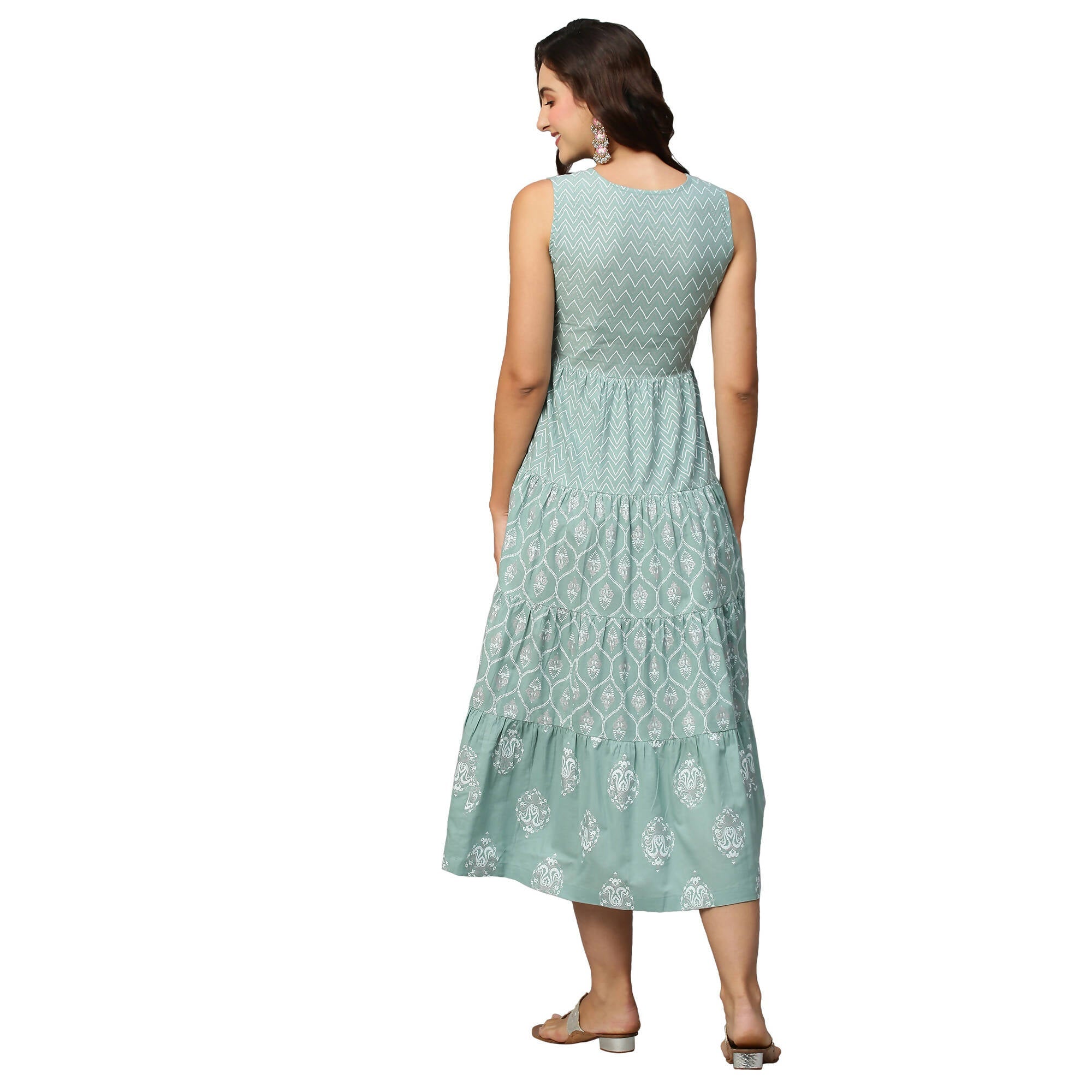 Sea Green & White Ethnic Motifs Embroidered Pure Cotton Maxi A-Line Dress - Poonam