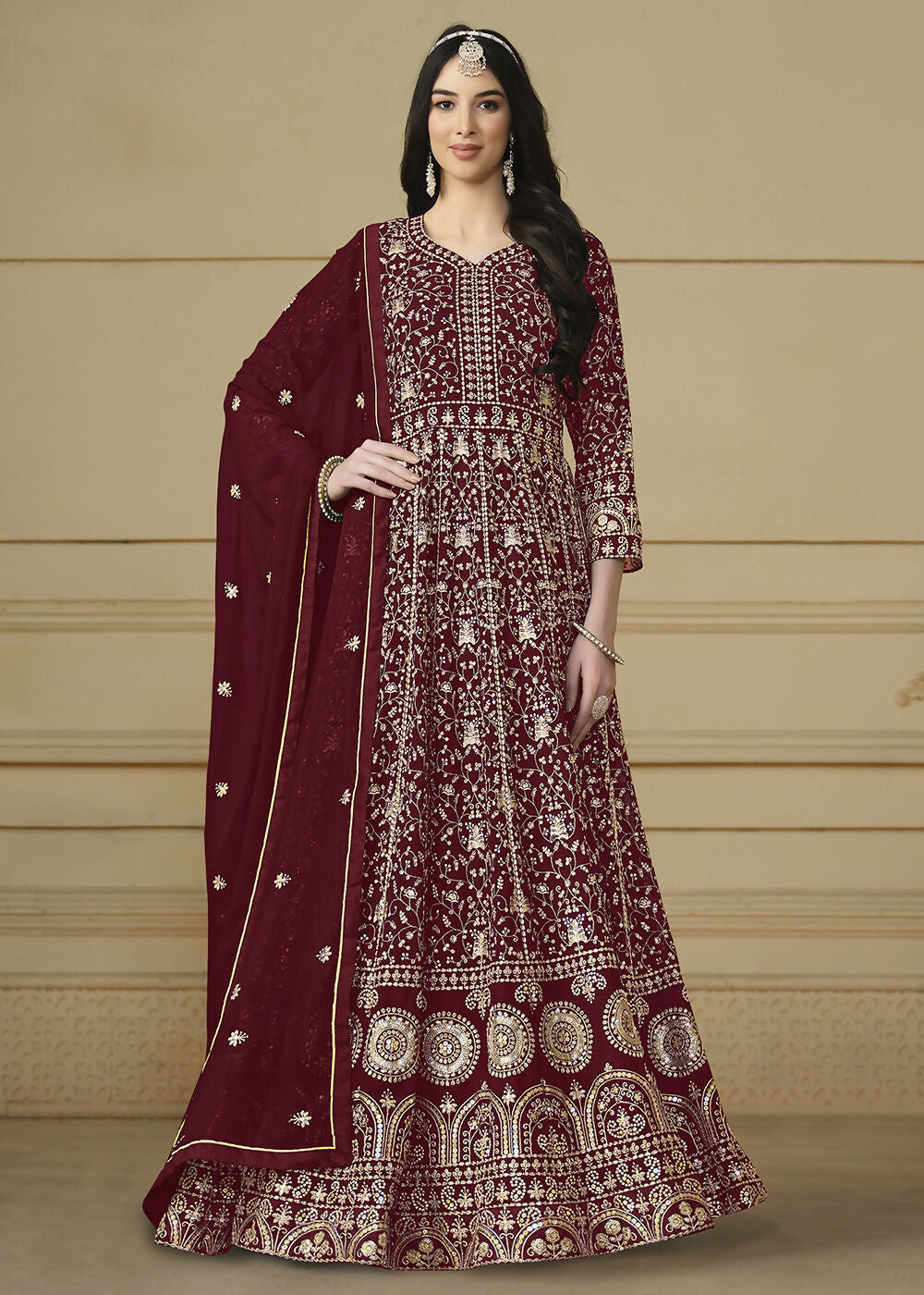 Maroon Embroidered Trendy Style Anarkali Suit - Emponline