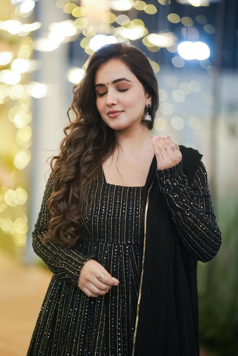 Jyoti Fashion Women's Black Faux Georgette Zari Embroidery with Sequence Anarkali Dress with Dupatta