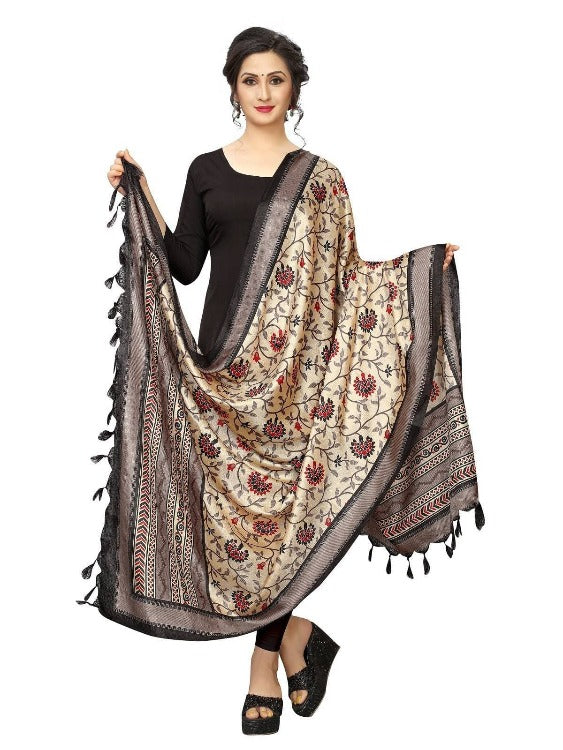 Vamika Flower Printed Black Khadi Bhagalpuri Dupatta