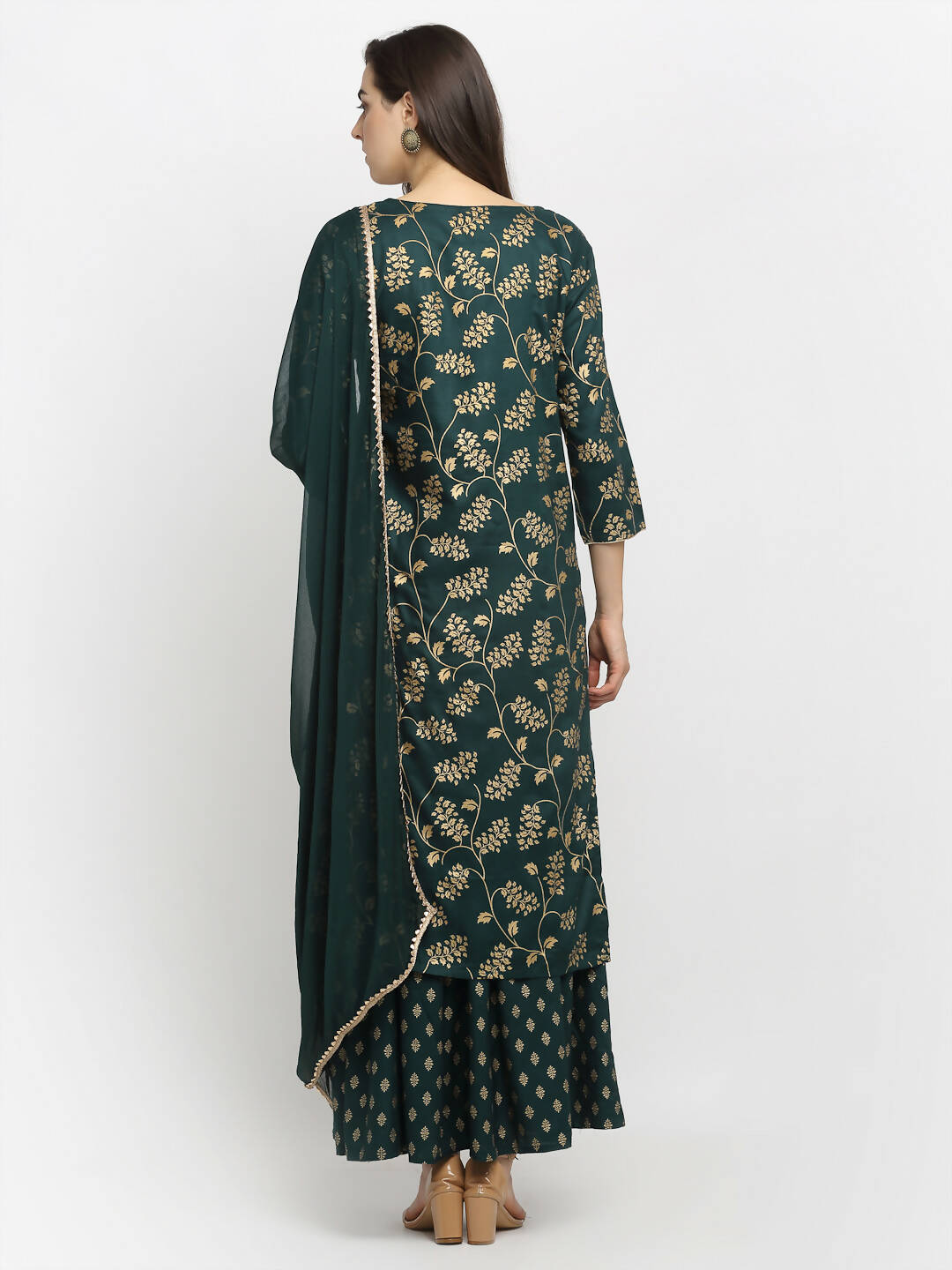 Rudra Bazaar Green Gold Printed Straight Kurta with Gold Printed Skirt & Dupatta