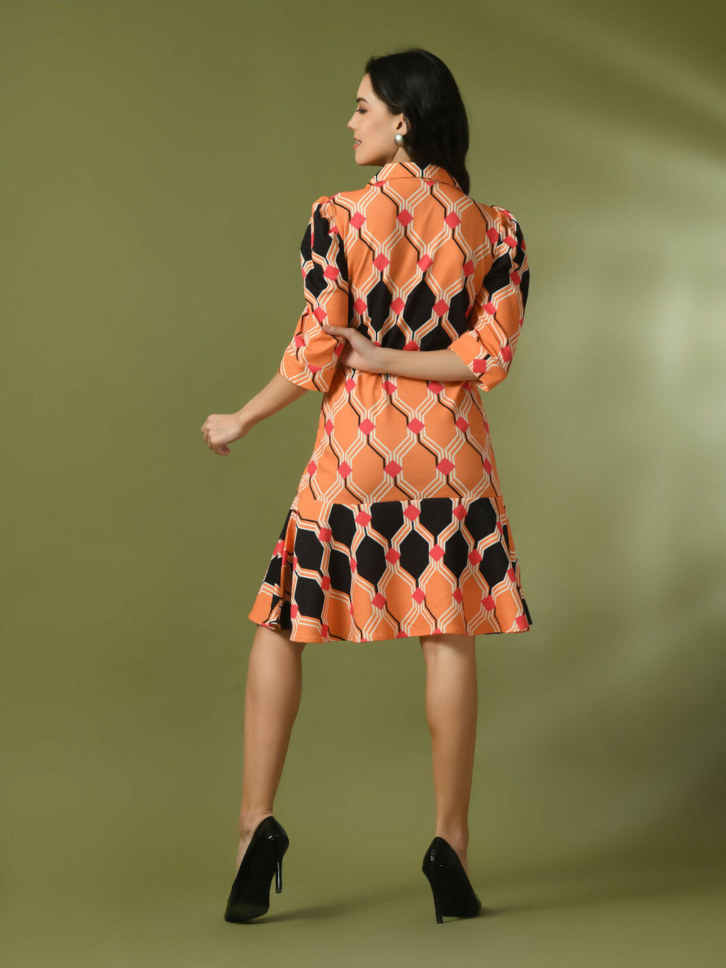 Myshka Women's Multi Printed Shirt Collar Fit and Flare Party Dress