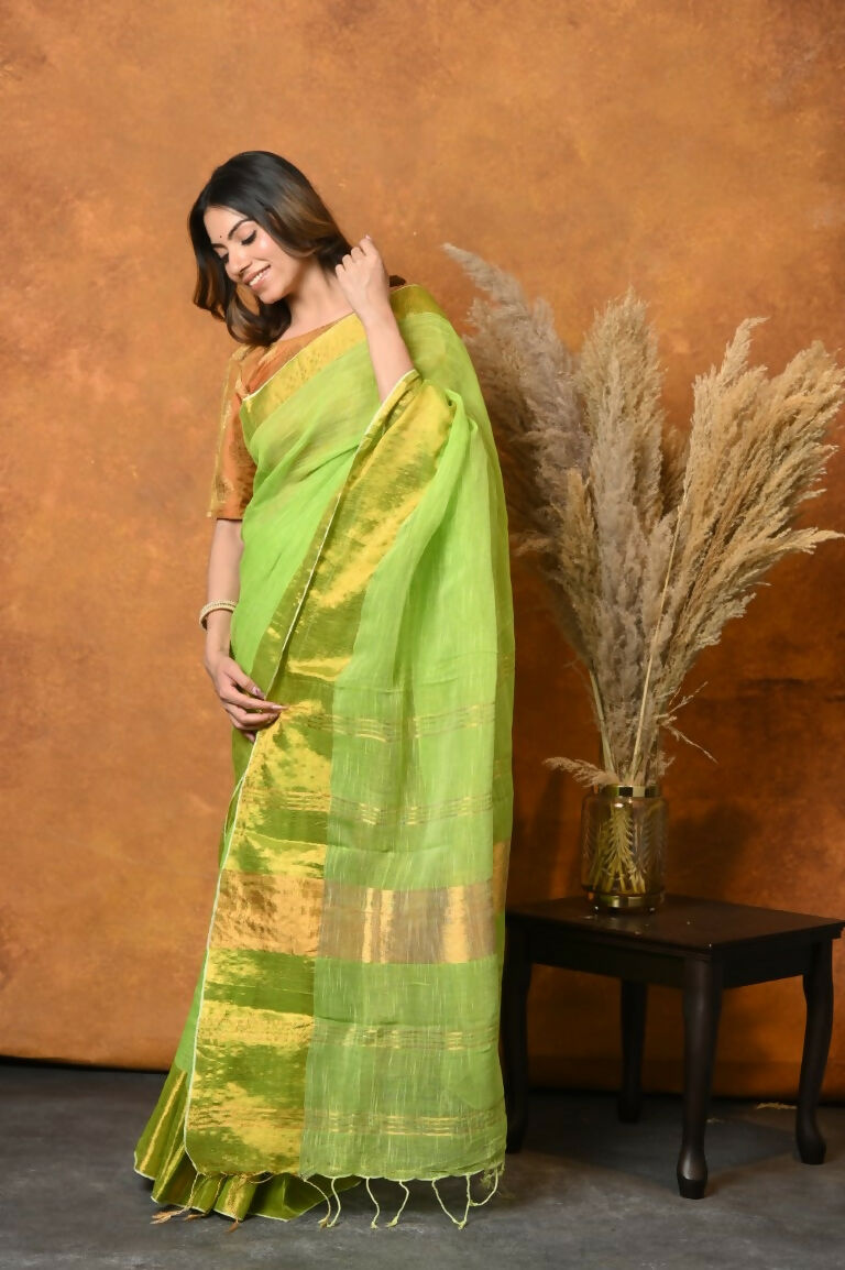 Very Much Indian Handloom Pure Cotton Linen Saree With Golden Border - Light Green