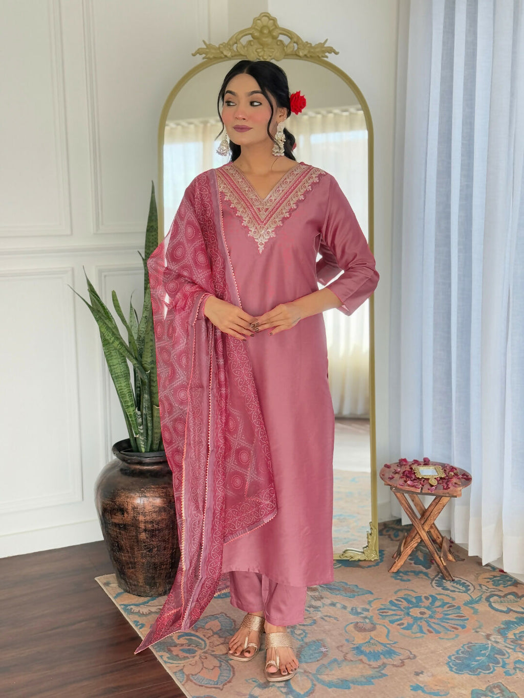 The52 Gajri Women's Beautiful Embroidered Rayon Fabric with Straight Kurta, Pant and Dupatta Set