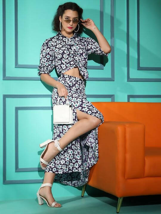 Purple Crepe Floral Printed Top with Matching Skirt - Shivani