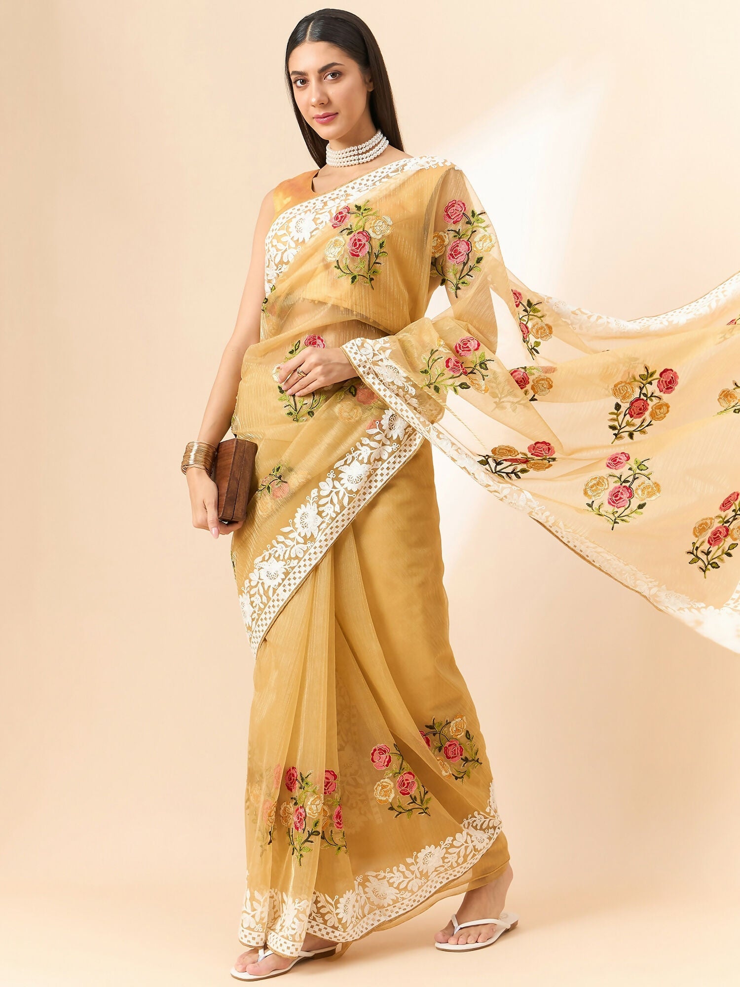 Beige Organza Floral Embroidered Saree with Unstitched Blouse Piece - Roozal