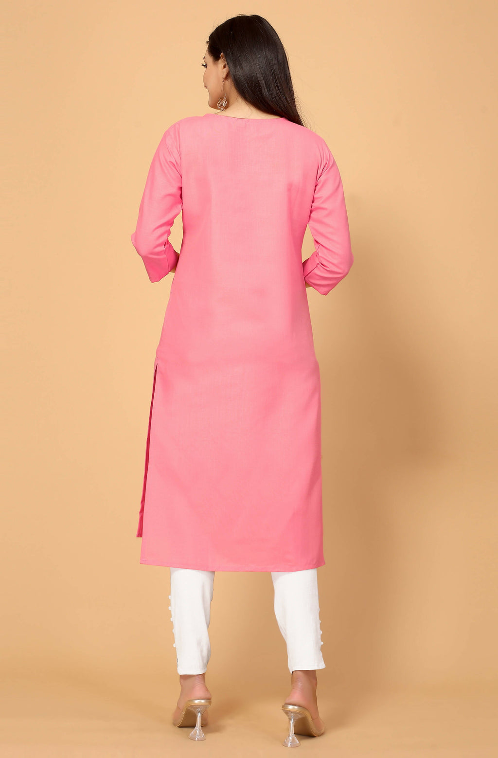 Light Pink Cottan Slub Embroidery Kurti - Umi