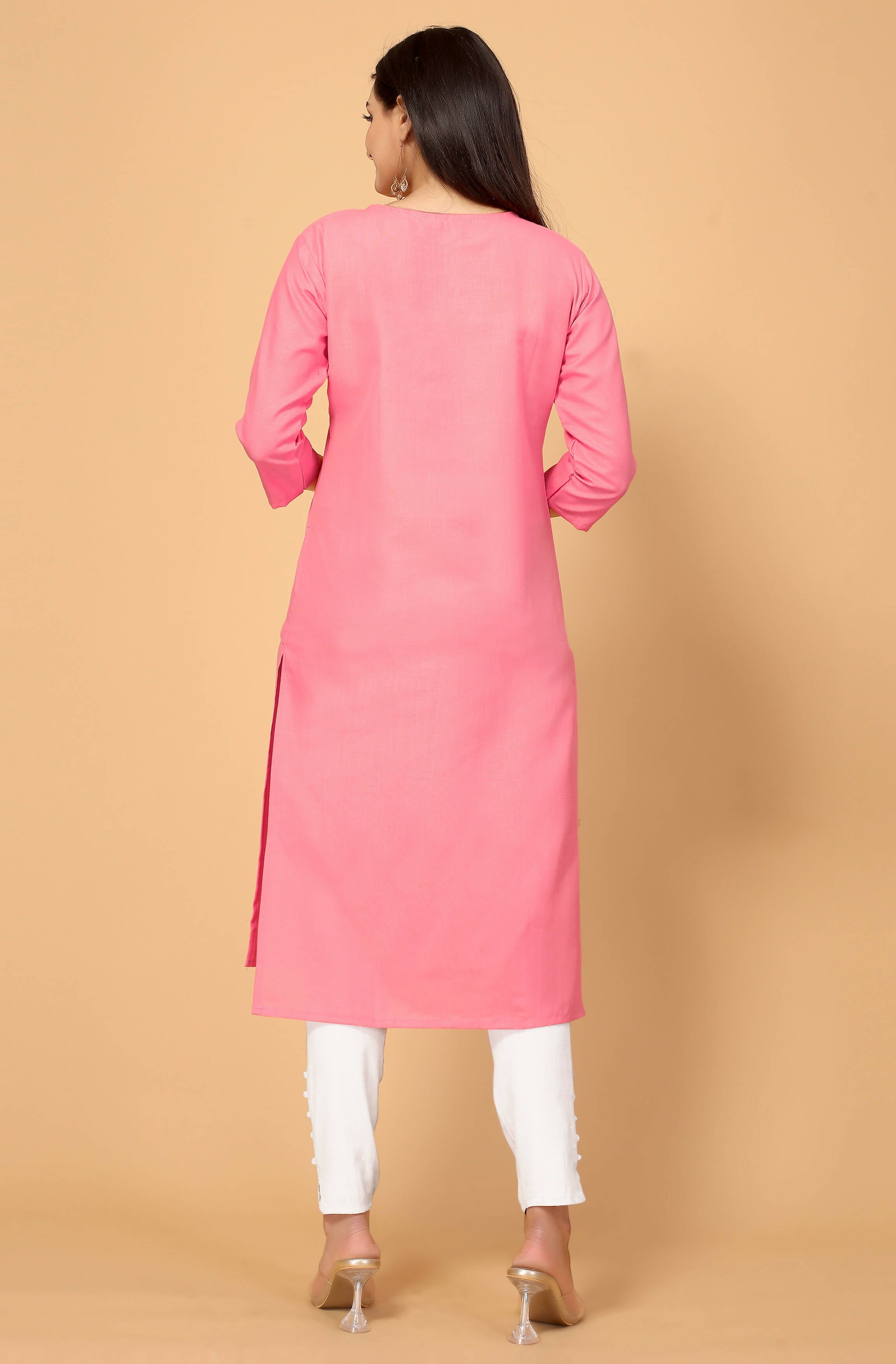 Light Pink Cottan Slub Embroidery Kurti - Umi