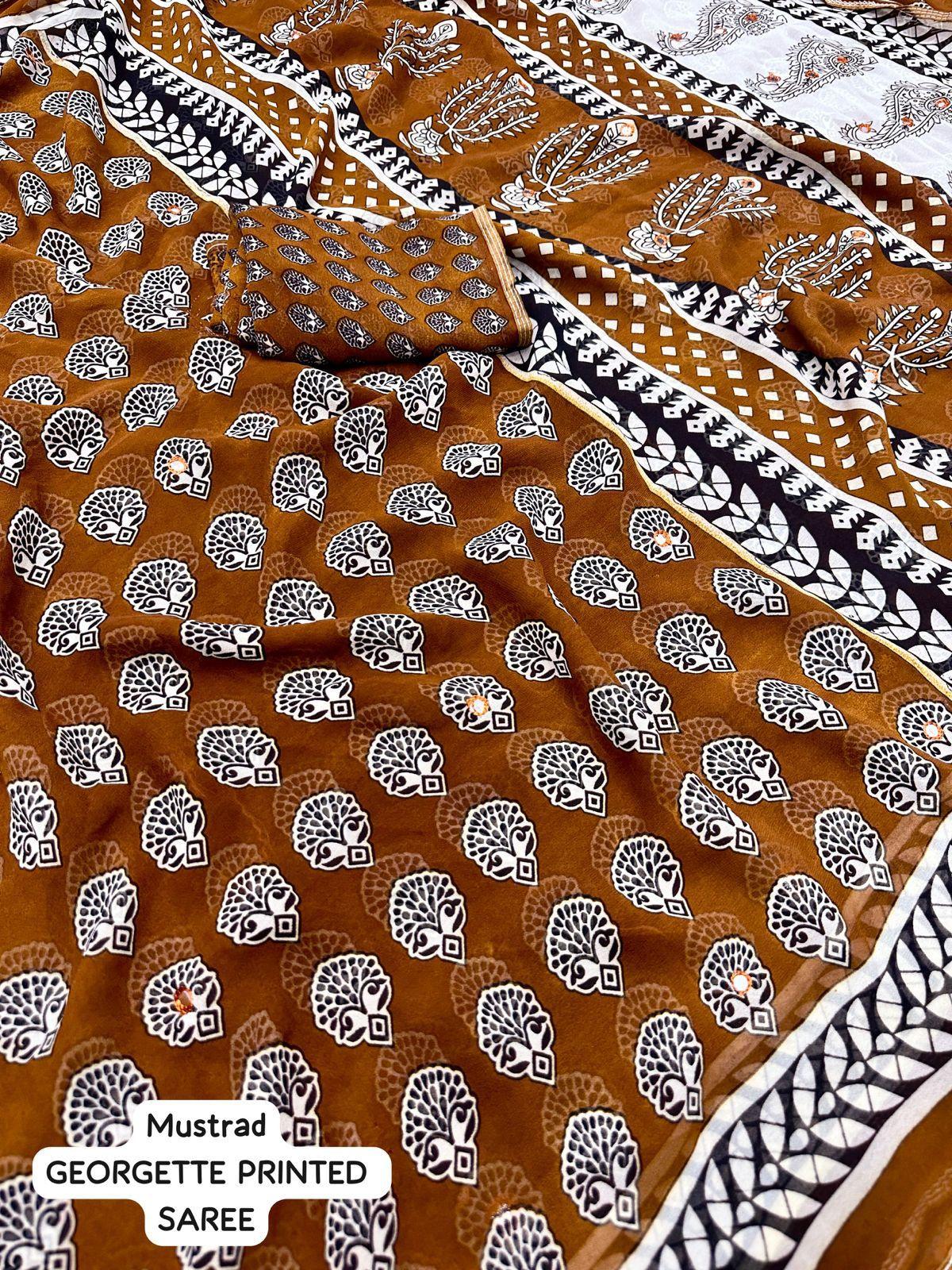 Mustard Poly Georgette Ajrak Saree with Unstitched Blouse - A2M