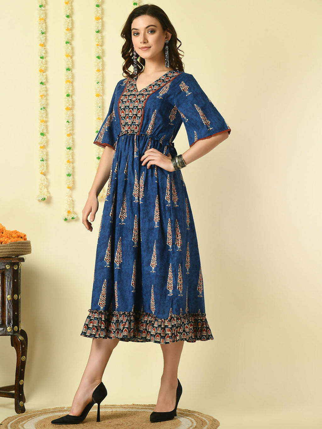 Myshka Women's Blue Printed Cotton Party Dress