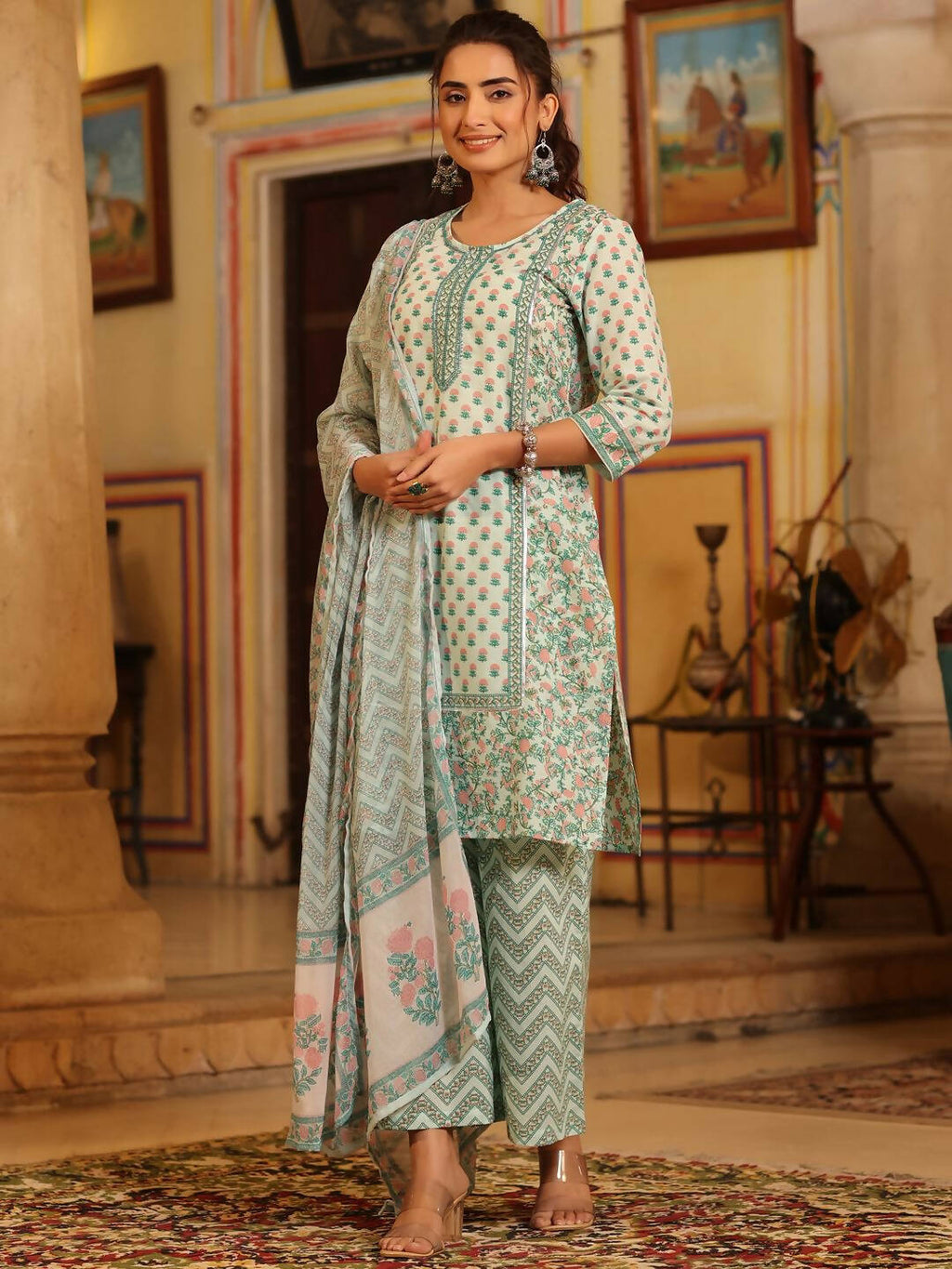 Juniper Women's Seagreen Cambric Floral Printed Kurta Palazzo Set