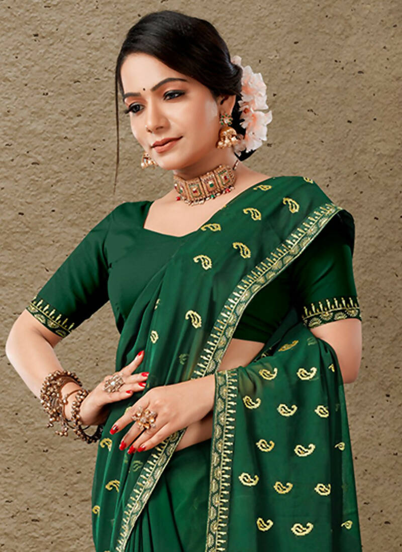 Green Georgette Embroidered Saree with Unstitched Blouse Piece - Avika
