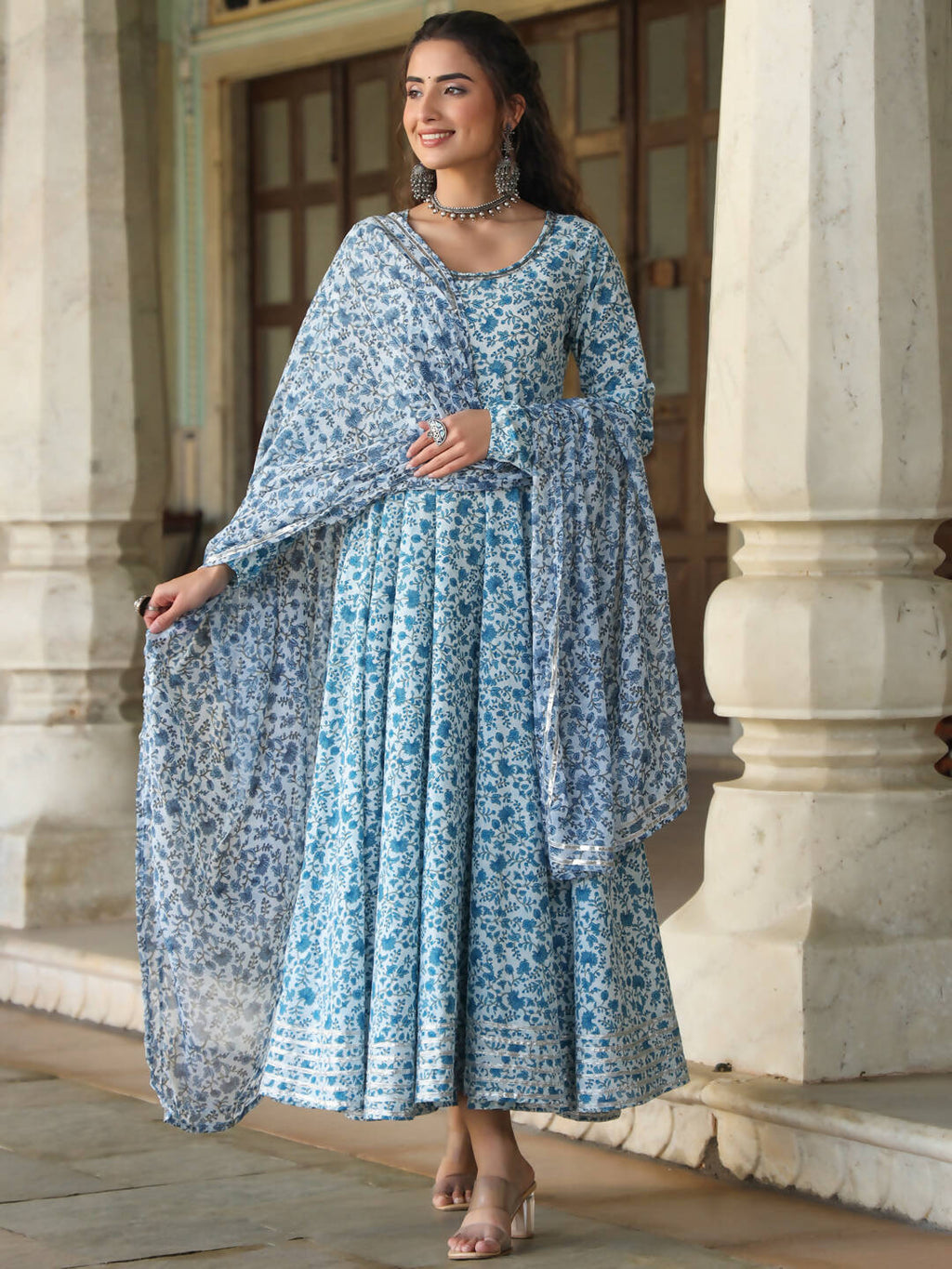Juniper Women's Blue Cambric Floral Printed Circular Kurta Dupatta Sets