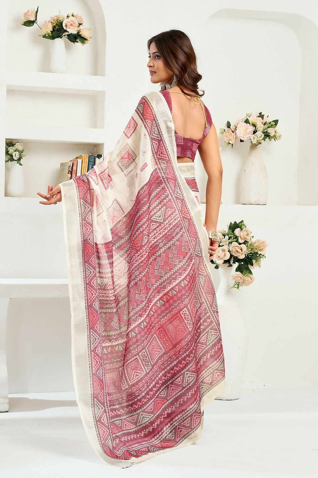 Vastranavya White Maroon Digital Printed Linen Ready To Wear Designer Saree with Unstitched Blouse
