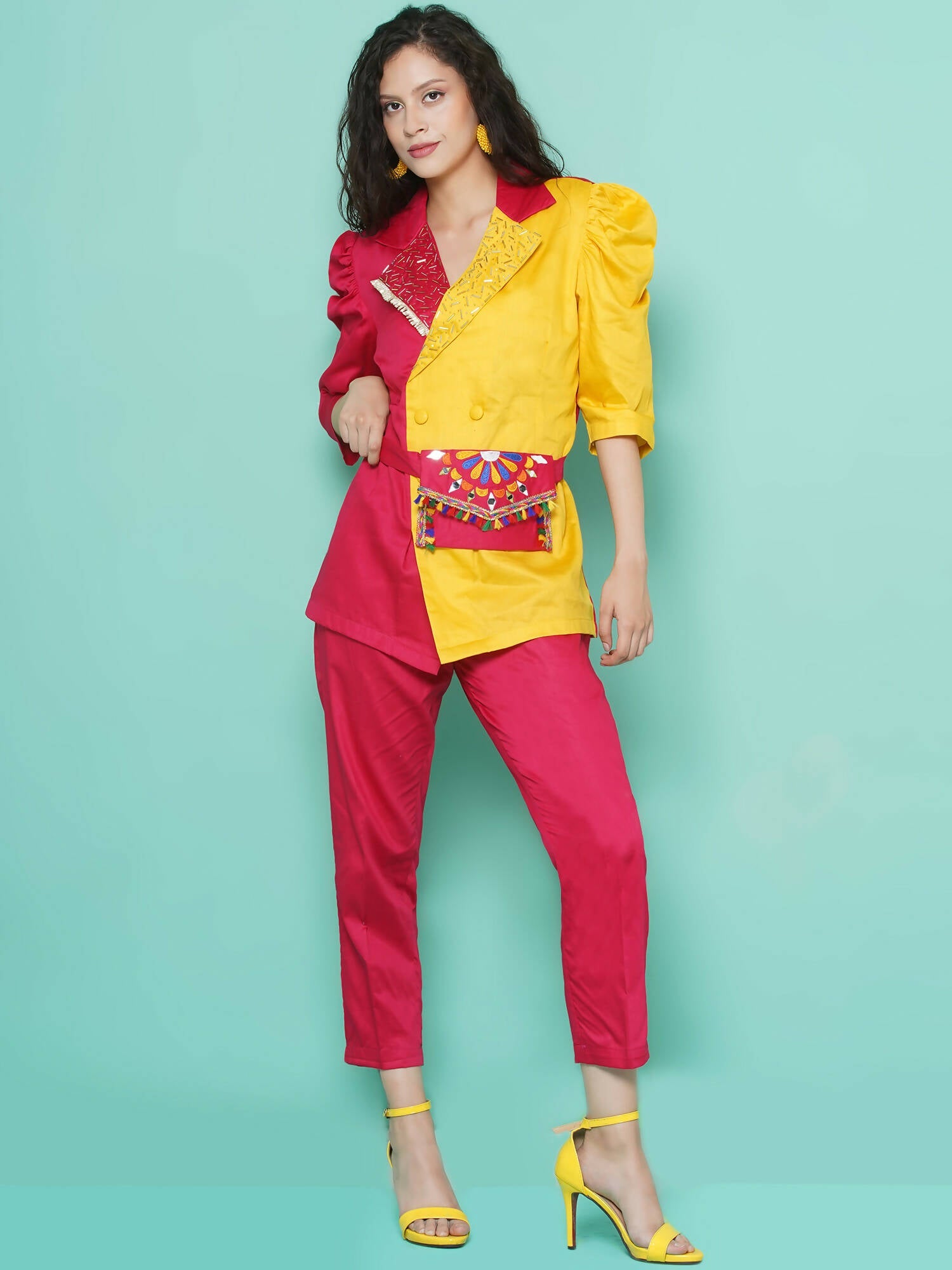 Women Republic Pink And Yellow Cotton Silk hand Embellished Coord set with Pouch