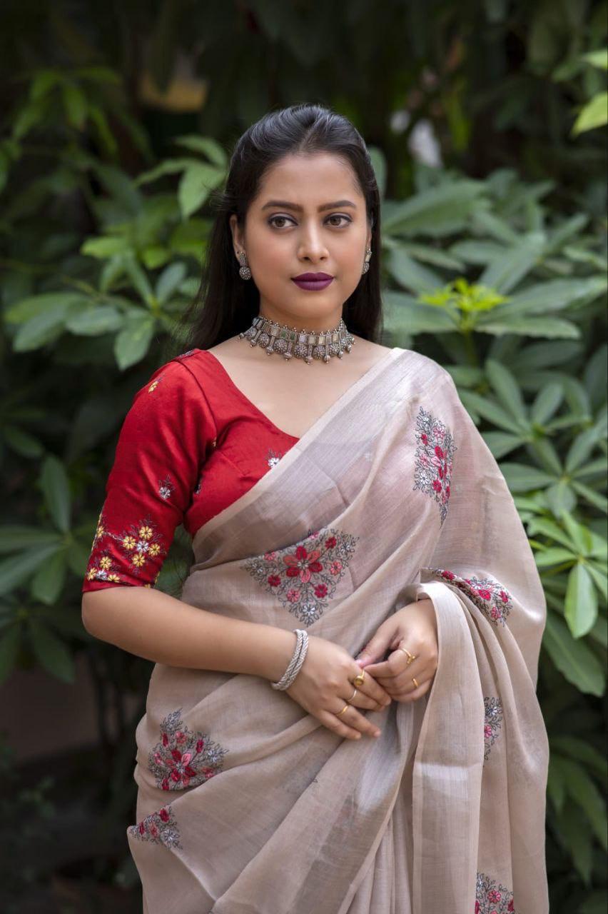 Fossil Pure Linen Ethnic Motifs Saree with Unstitched Blouse - A2M
