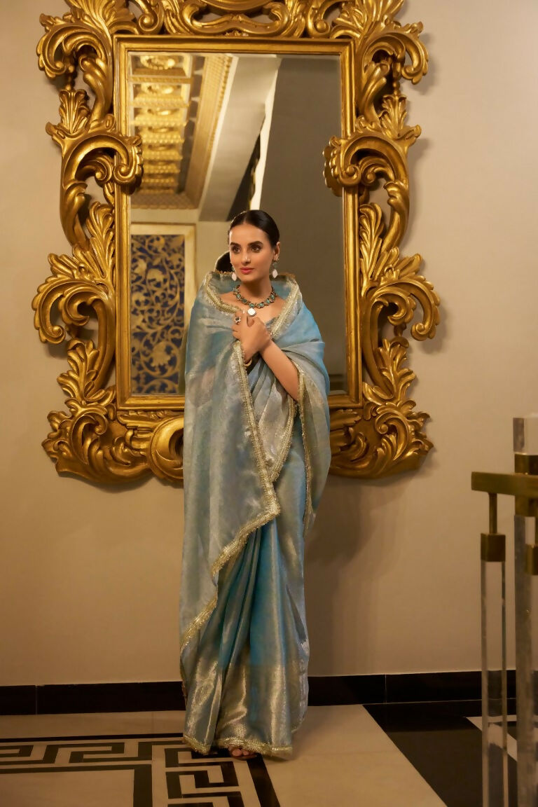 Vastranavya Sea Blue Tissue Shimmer Zari Weaving Work Saree with Unstitched Blouse