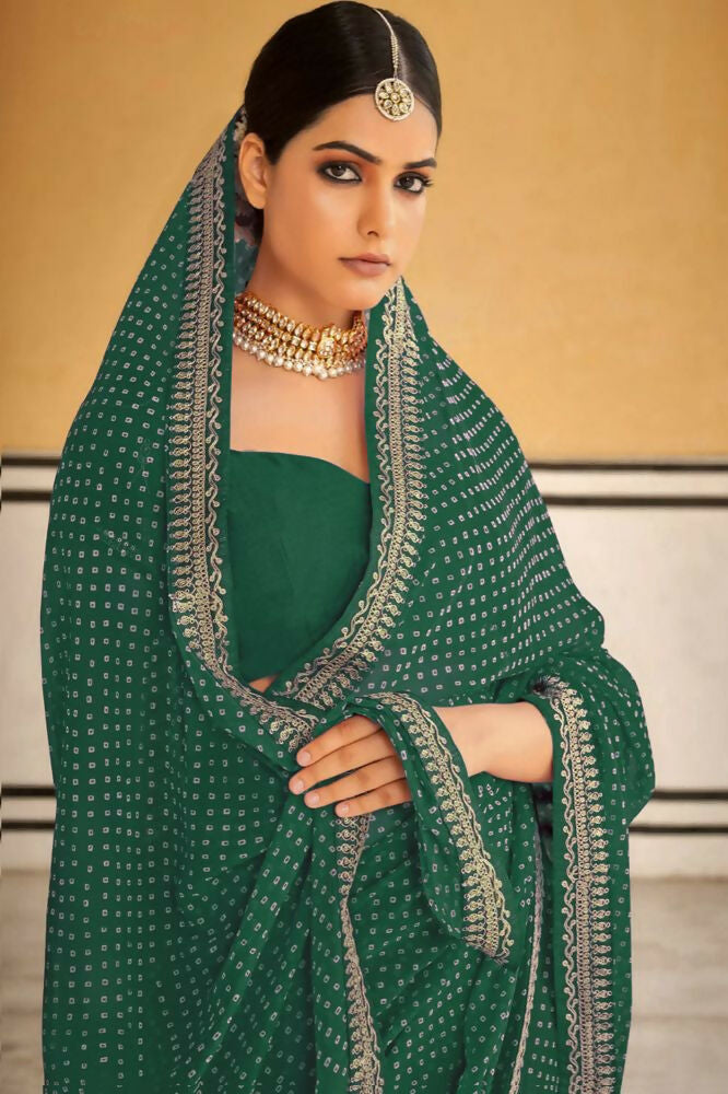 PR Fashion Green Georgette Embroidery Lace Saree