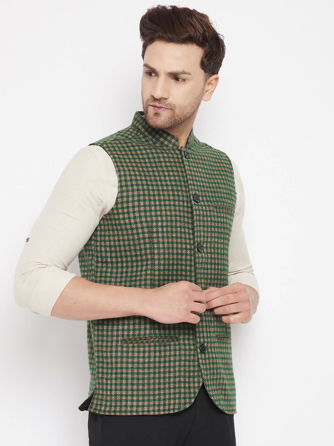 Even Apparels Green Wool Men Woven Nehru Jacket
