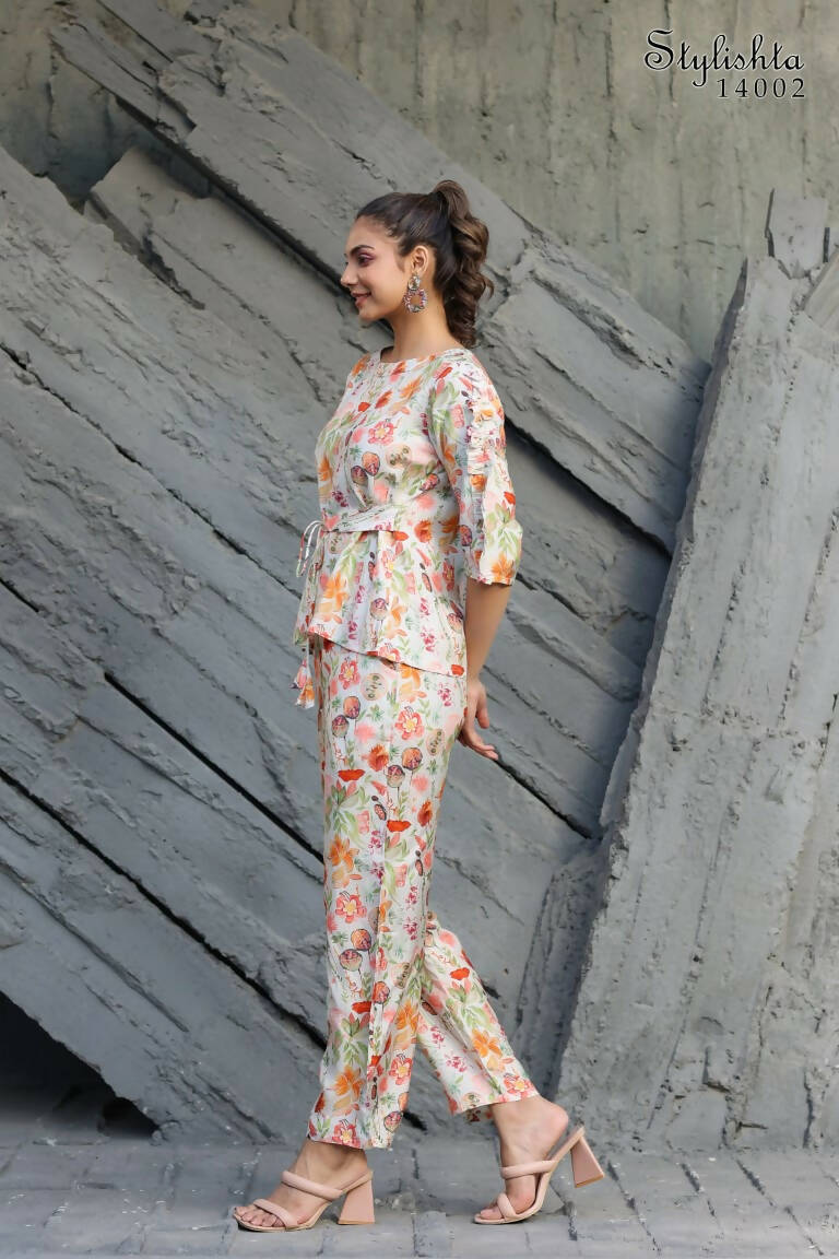 Women's Partywear Designer White & Multi Muslin co-ord set - Stylishta
