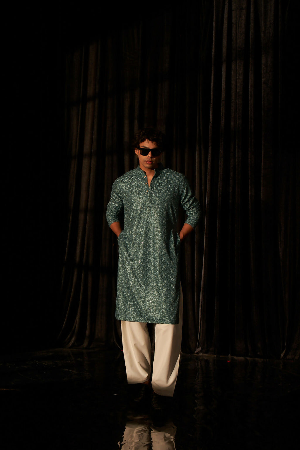 Cyan Blue Viscose Chikankari Embroidery Work Men's Kurta Set - Mahotsav