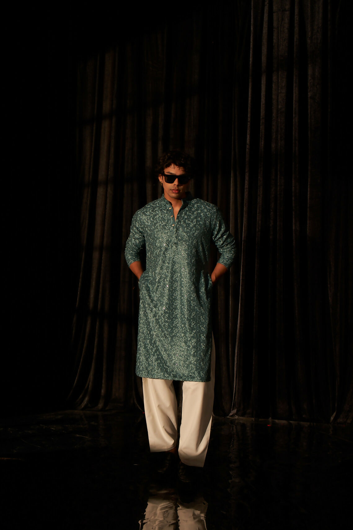 Cyan Blue Viscose Chikankari Embroidery Work Men's Kurta Set - Mahotsav