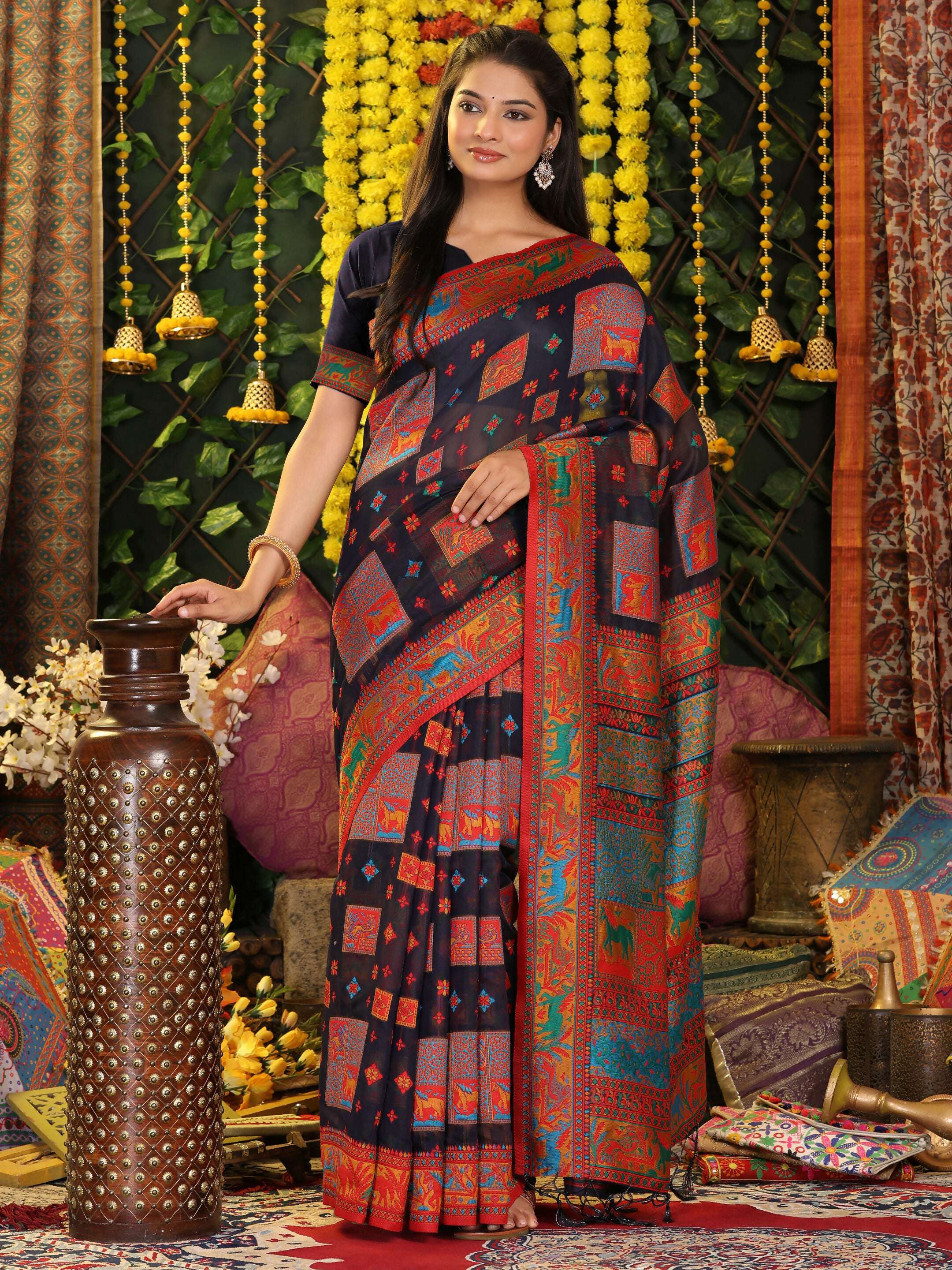 Shree Shyam Fashion Linen Cotton Navy Blue Saree
