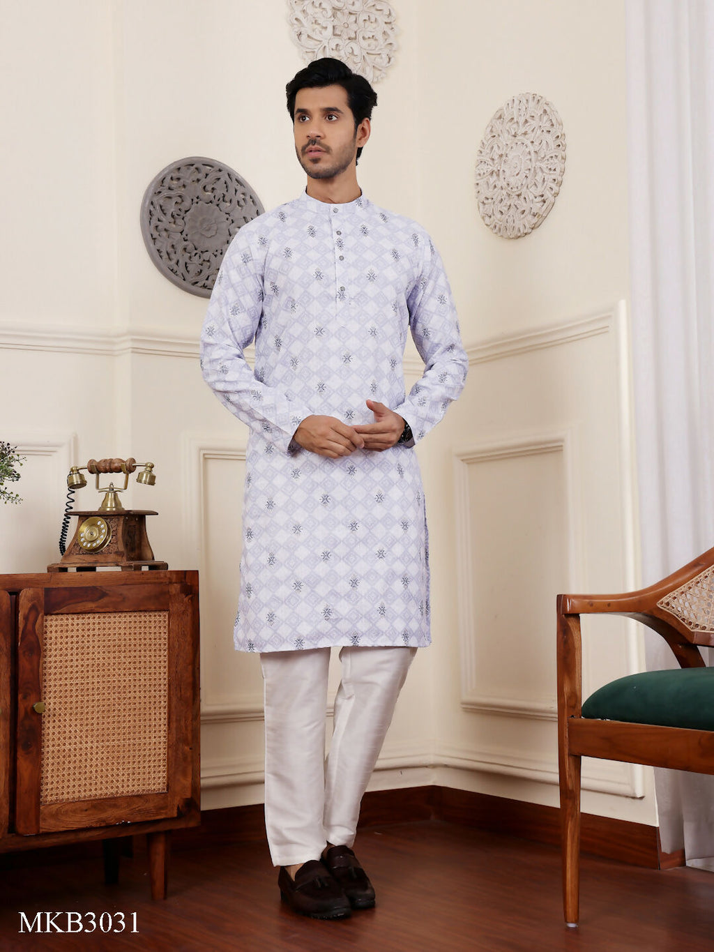 Light Purple Linen Designer Embroidery Work Men's Rajwadi Kurta Set - Mahotsav