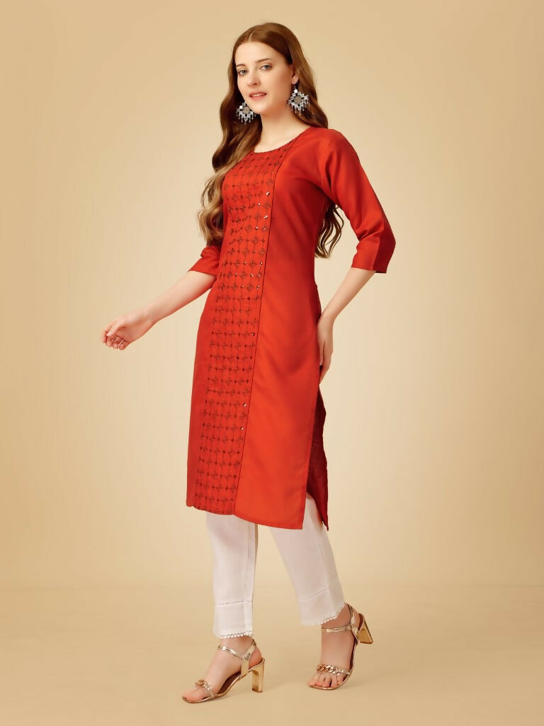 Jyoti Fashion Women's Rust Cotton Blend Embroidered Kurta Pant Set