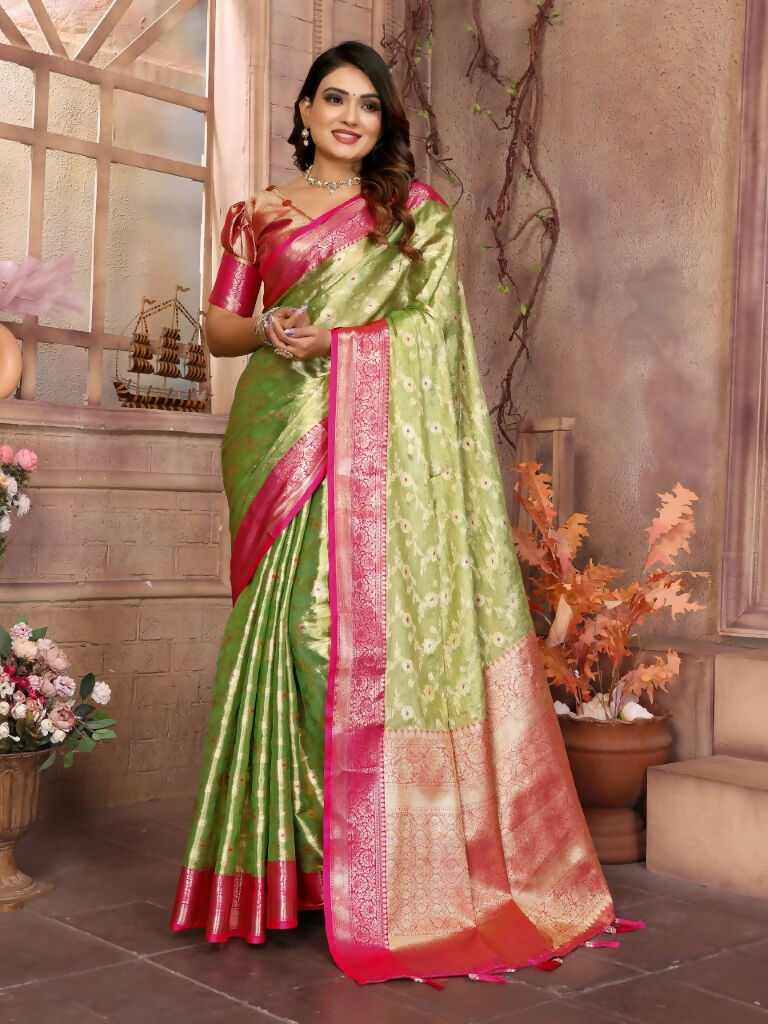 Anaita Light Green Tissue Silk With Zari Weaving Saree With Blouse