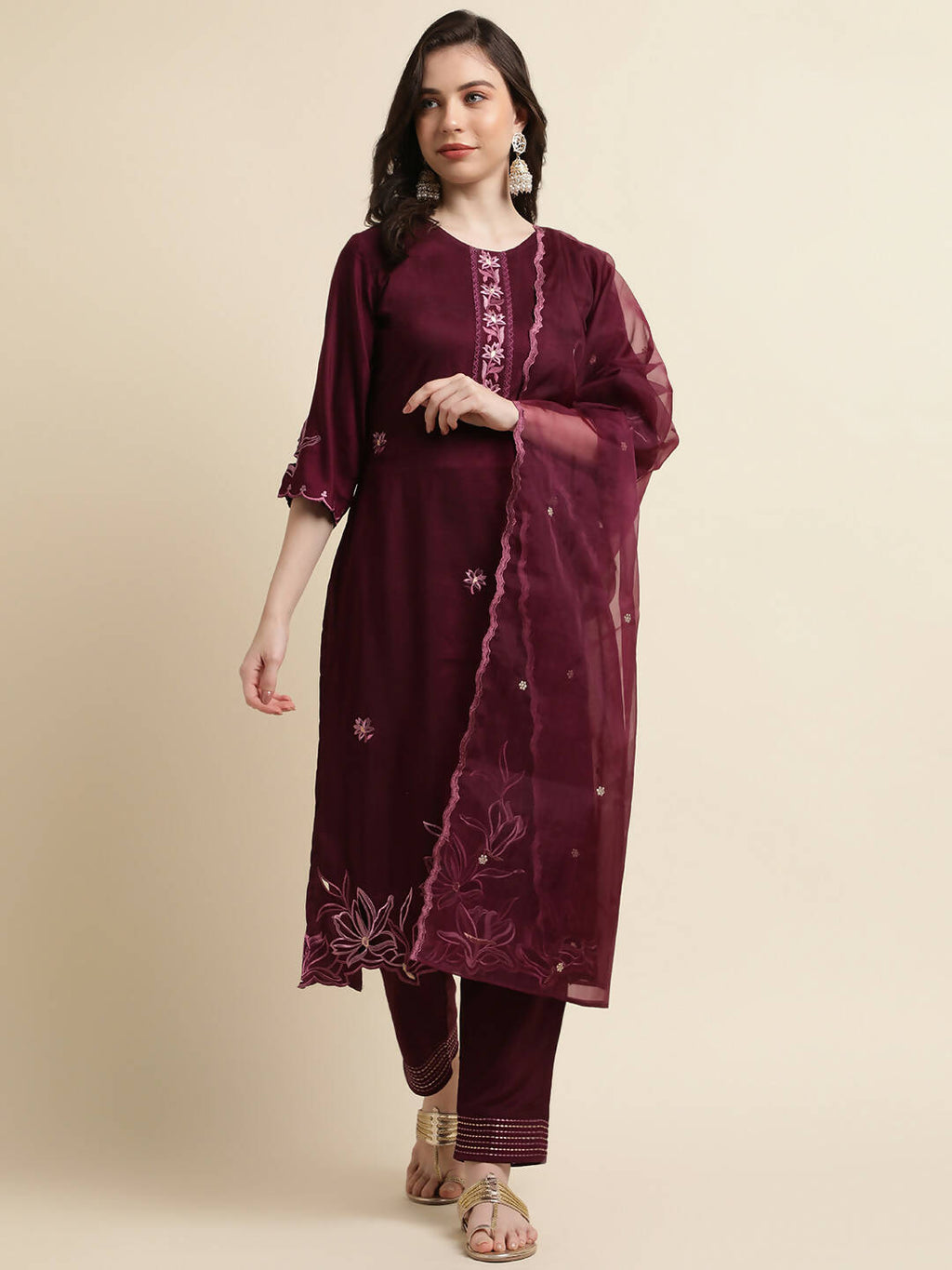 Purple Chinon Silk Embroidered Straight Kurta with Trouser & Dupatta - Salimar