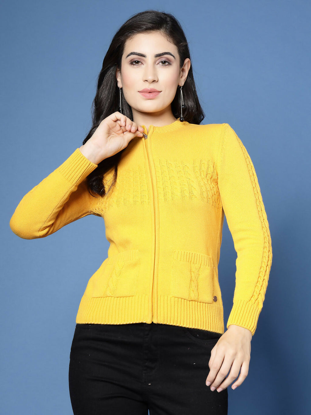 Women Winter Mustard Cotton Cardigan - Wool Trees