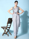 Grey Imported Crush Lycra Texture Pattern Ready to Wear Saree with stitched Blouse - Nirvana