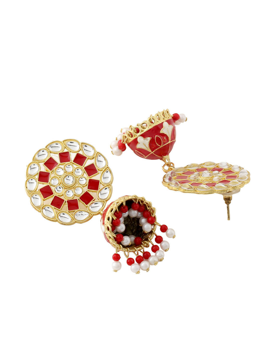 NVR Women Gold-Polished Red Dome Shaped Meenkari Jhumkas Earrings