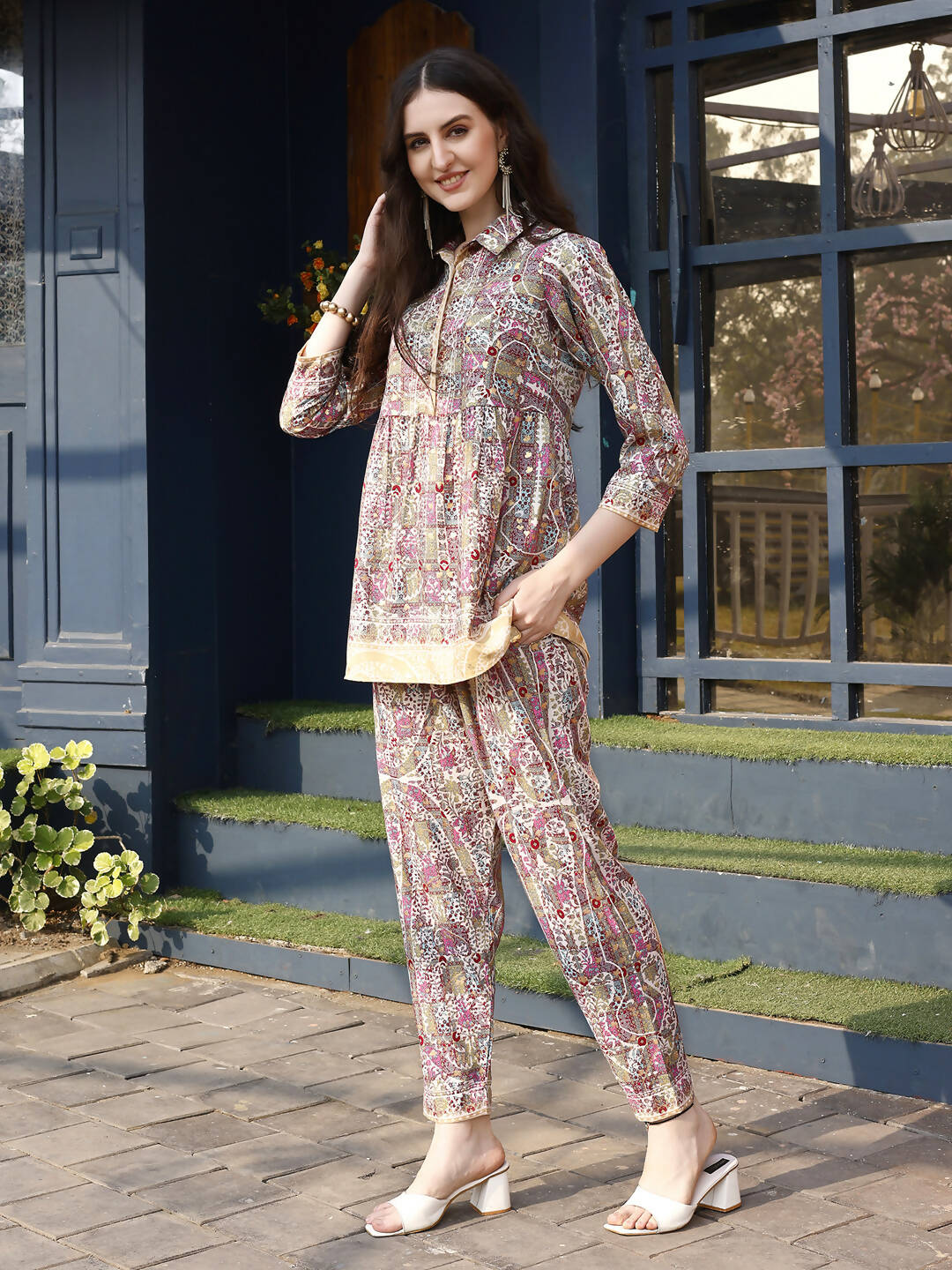 Pink & Beige Rayon Floral Printed Top with Matching Bottom - Eesha